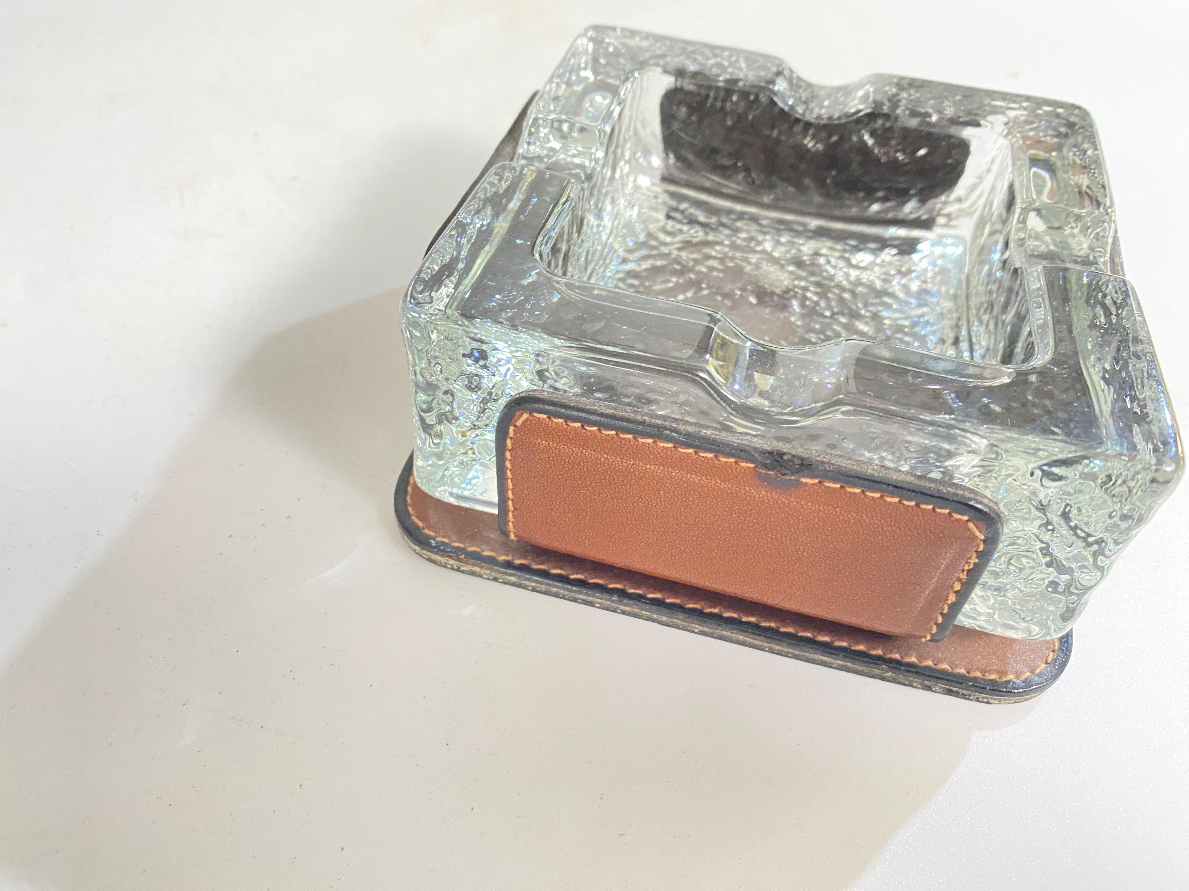 Late 20th Century Ashtray in Glass with a Stitched Leather Cover, Brown Color, France 1970 For Sale