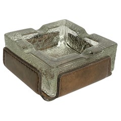 Ashtray in Glass with a Stitched Leather Cover, Brown Color, France 1970