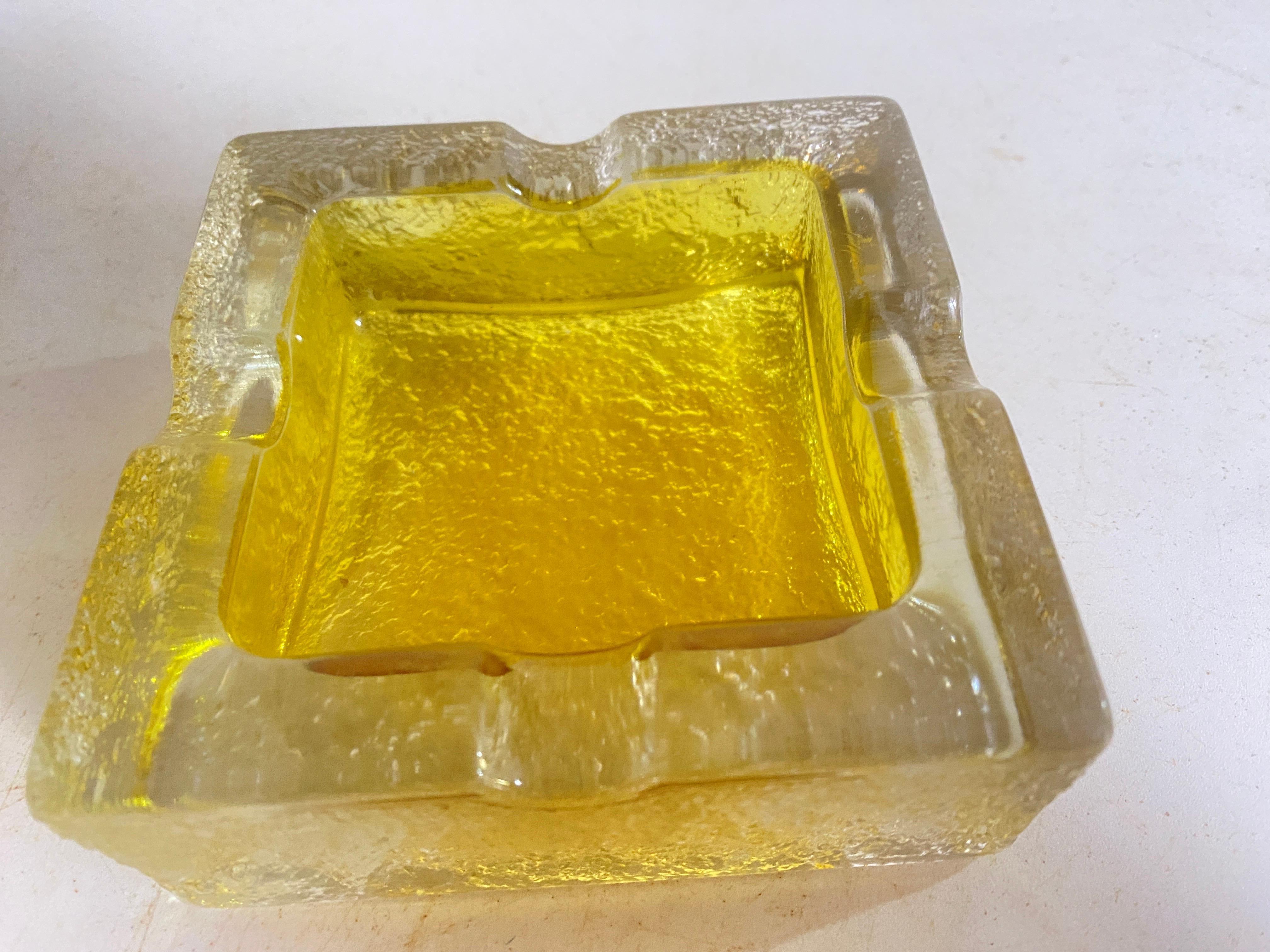 Art Glass Ashtray in Glass with a yellow light color Square Shape France, circa 1970 For Sale