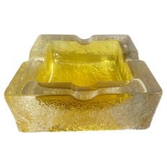Ashtray in Glass with a yellow light color Square Shape France, circa 1970