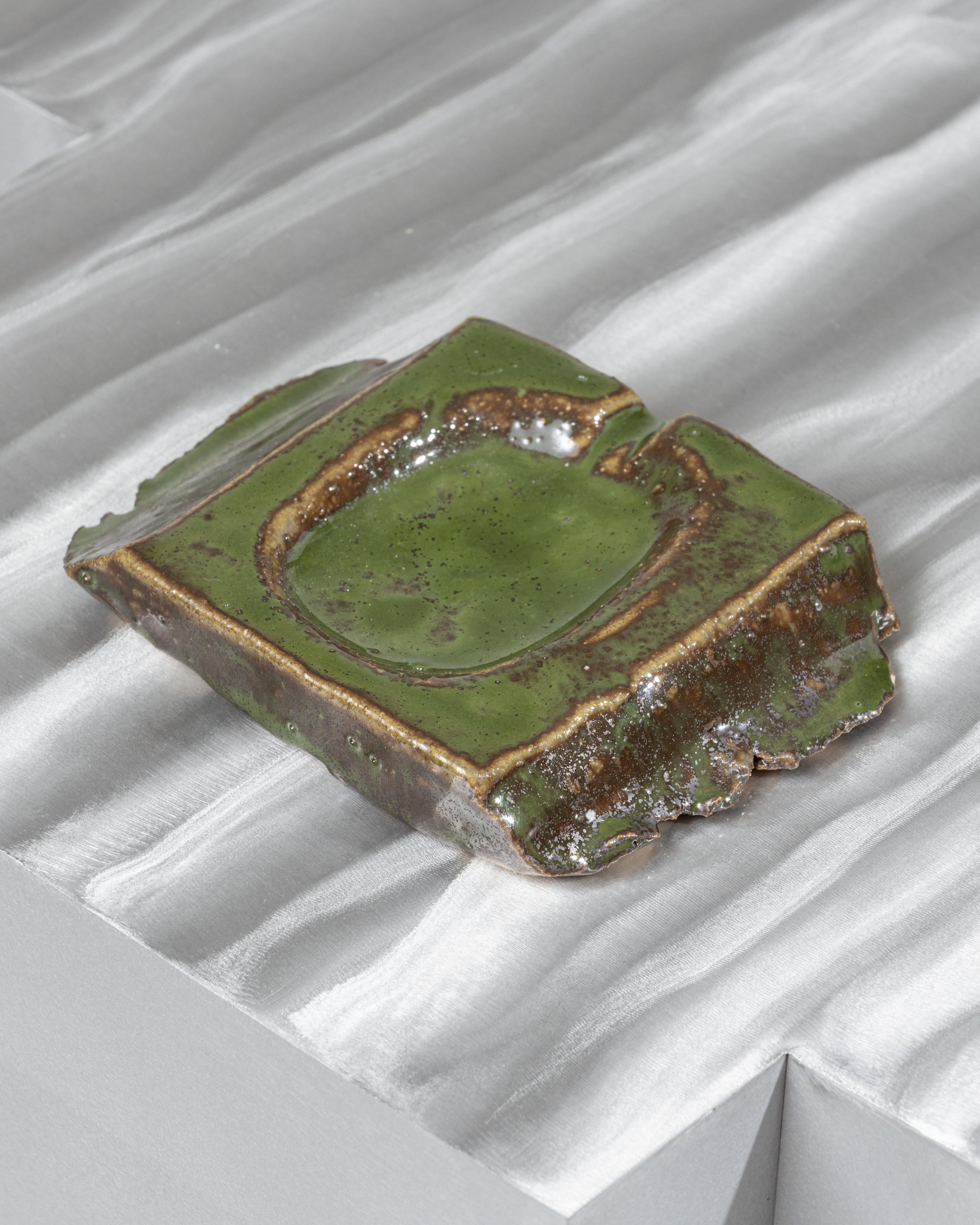 Stoneware Ashtray in green glazed stoneware For Sale