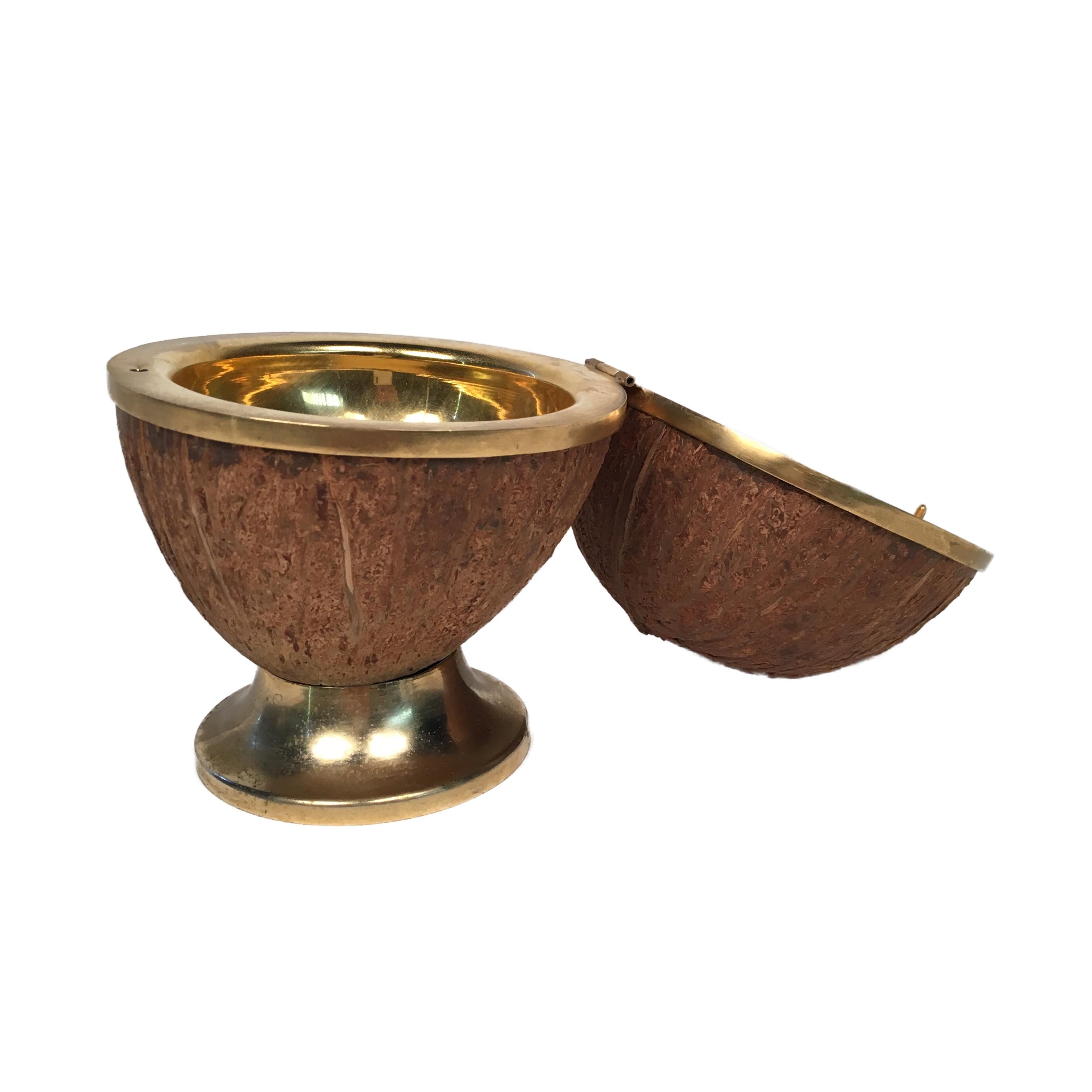 Italian Ashtray in Real Coconut and Brass, Mid-Century Modern