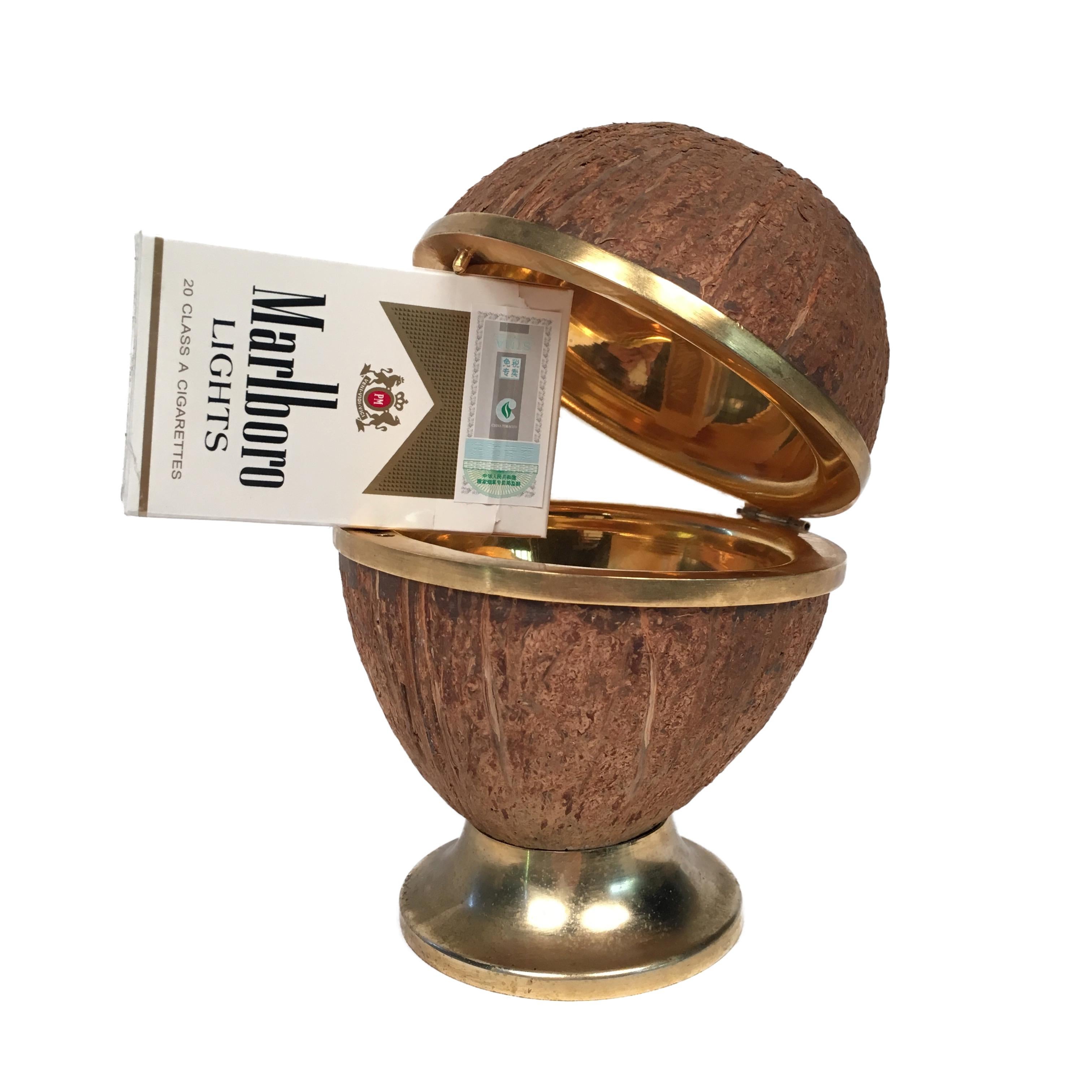 Late 20th Century Ashtray in Real Coconut and Brass, Mid-Century Modern