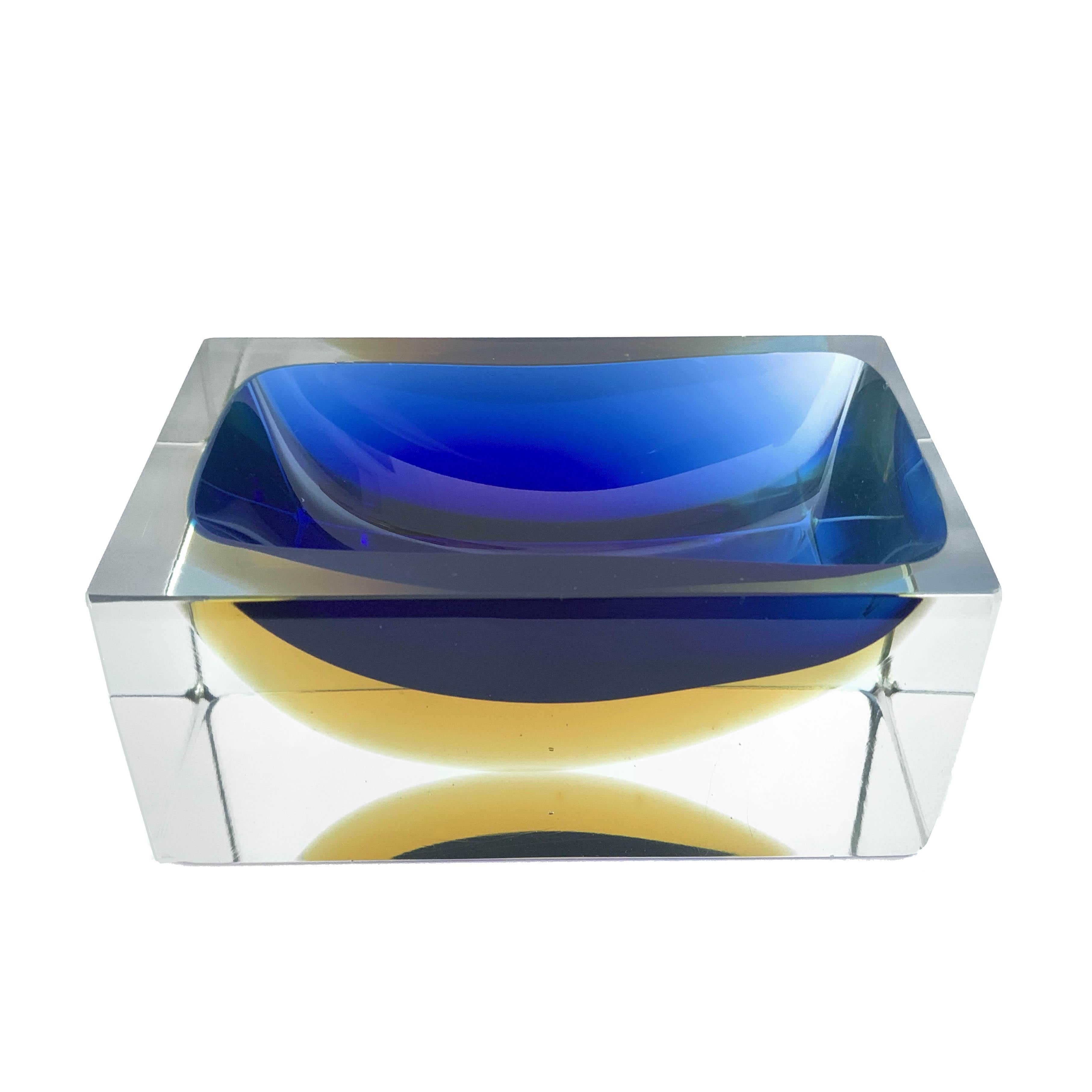 Italian Murano Sommerso Flavio Poli glass bowl or vide poche This small but wonderful Italian Murano Sommerso Flavio Poli glass bowl/dish/ vide poche in vivid colors of brilliant blue and yellow, clear Sommerso form will be a great addition to any