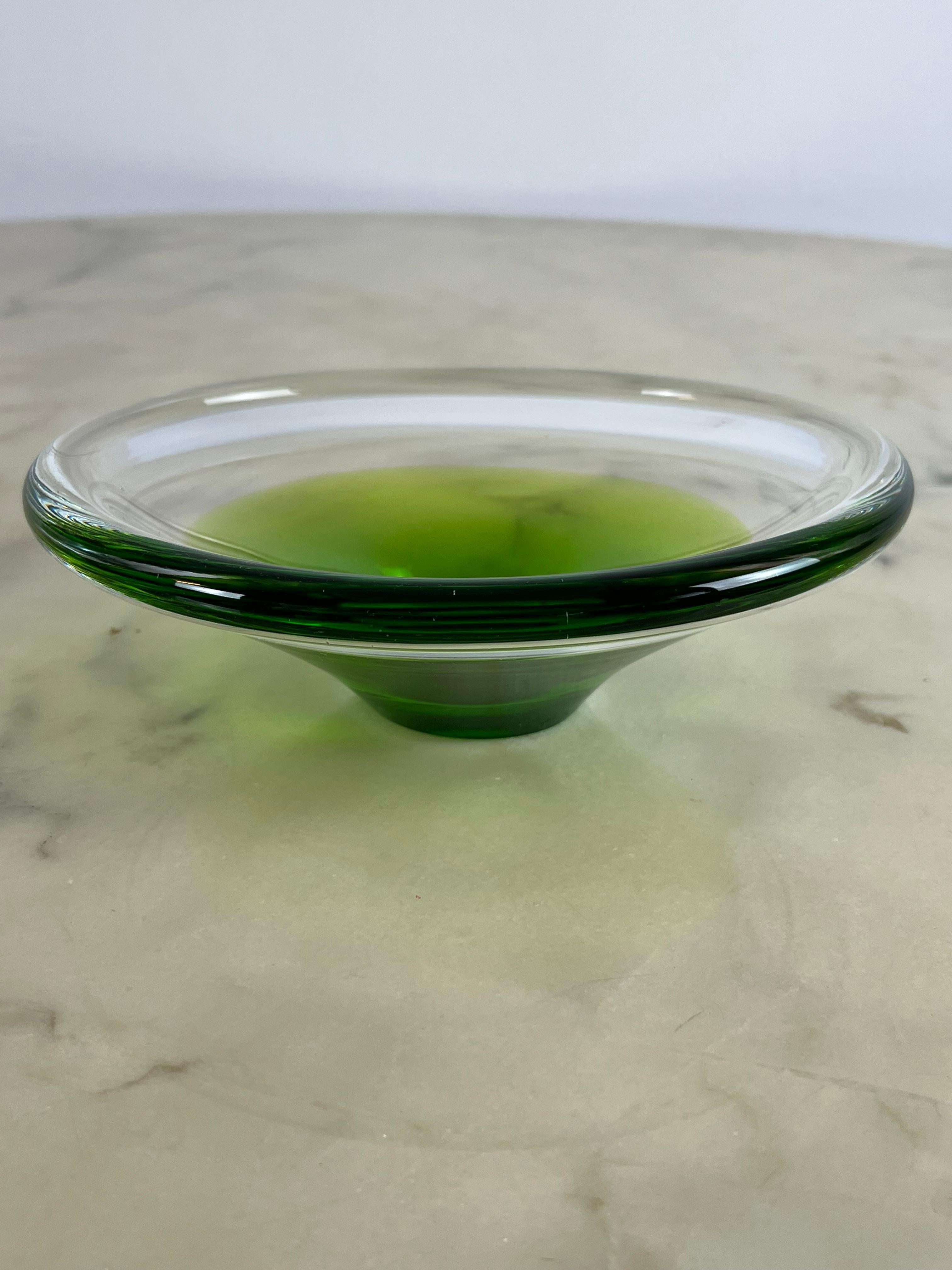 Ashtray/pocket tray in submerged glass from Murano, Italy, 1970. This process is obtained by immersing the glass being processed in crucibles with different colours. The object is thus made up of several differently colored transparent layers, even