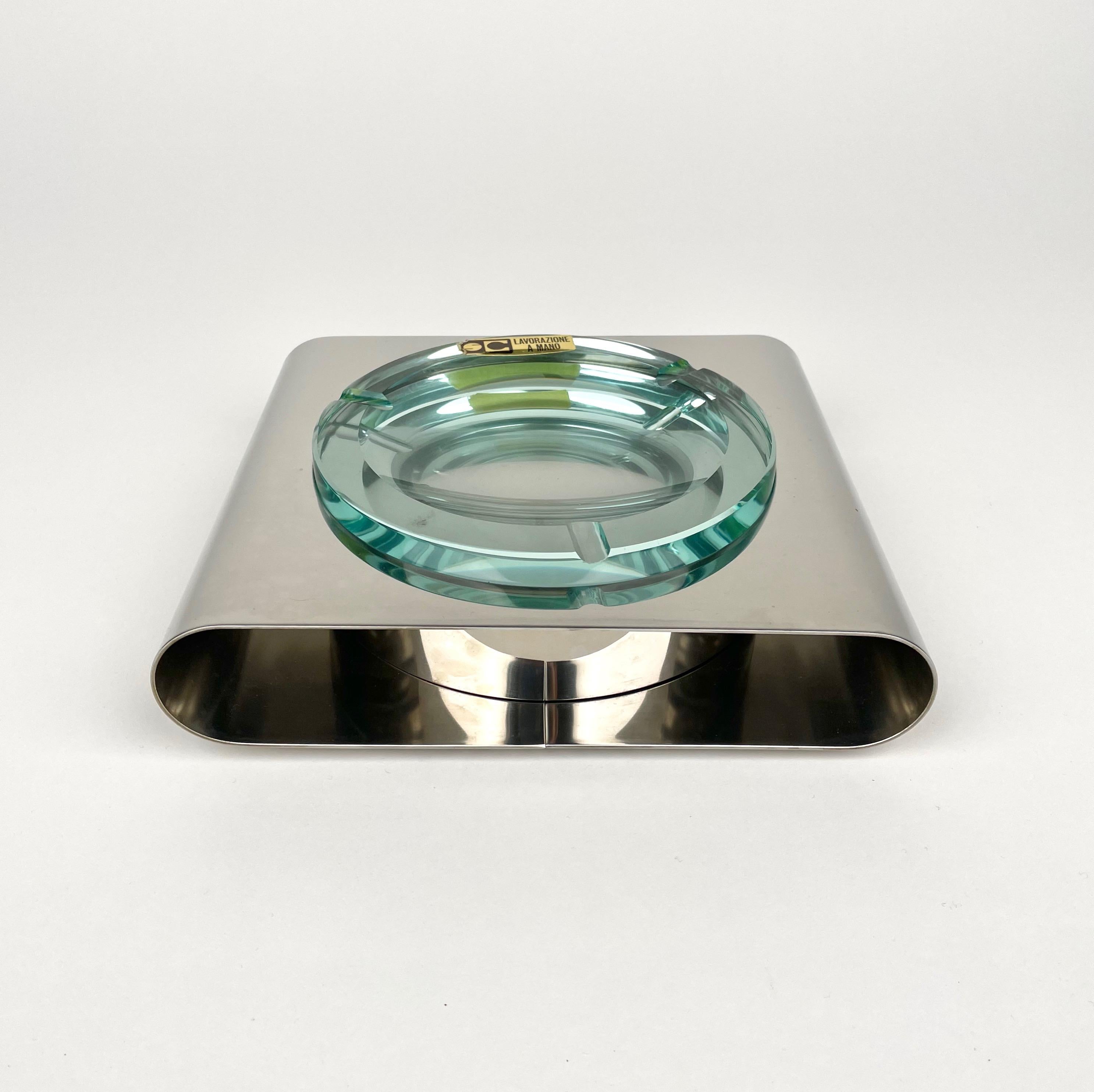 Mid-Century Modern Ashtray Sena Cristal Steel and Green Glass, Italy, 1970s For Sale
