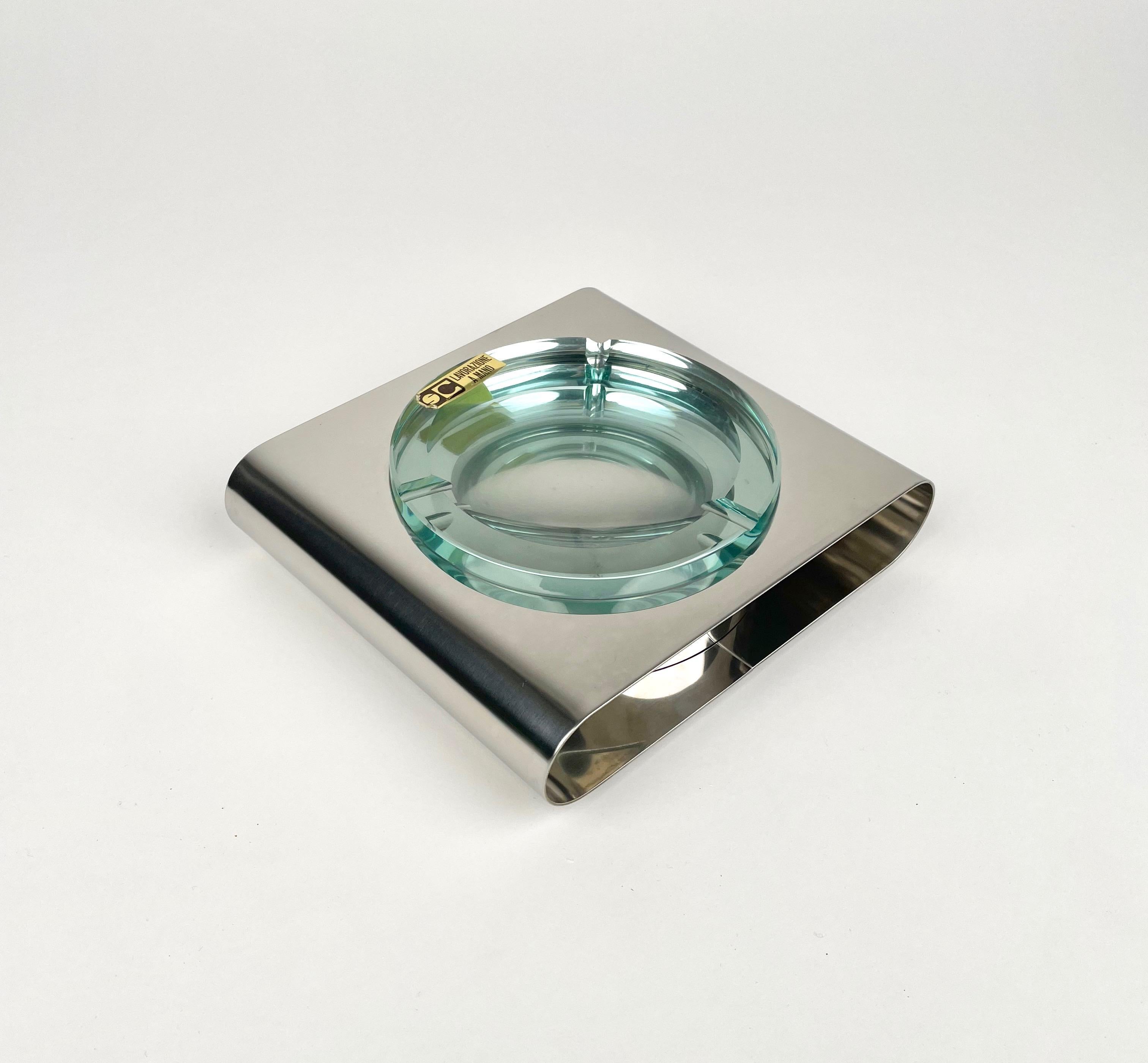 Ashtray Sena Cristal Steel and Green Glass, Italy, 1970s In Good Condition For Sale In Rome, IT