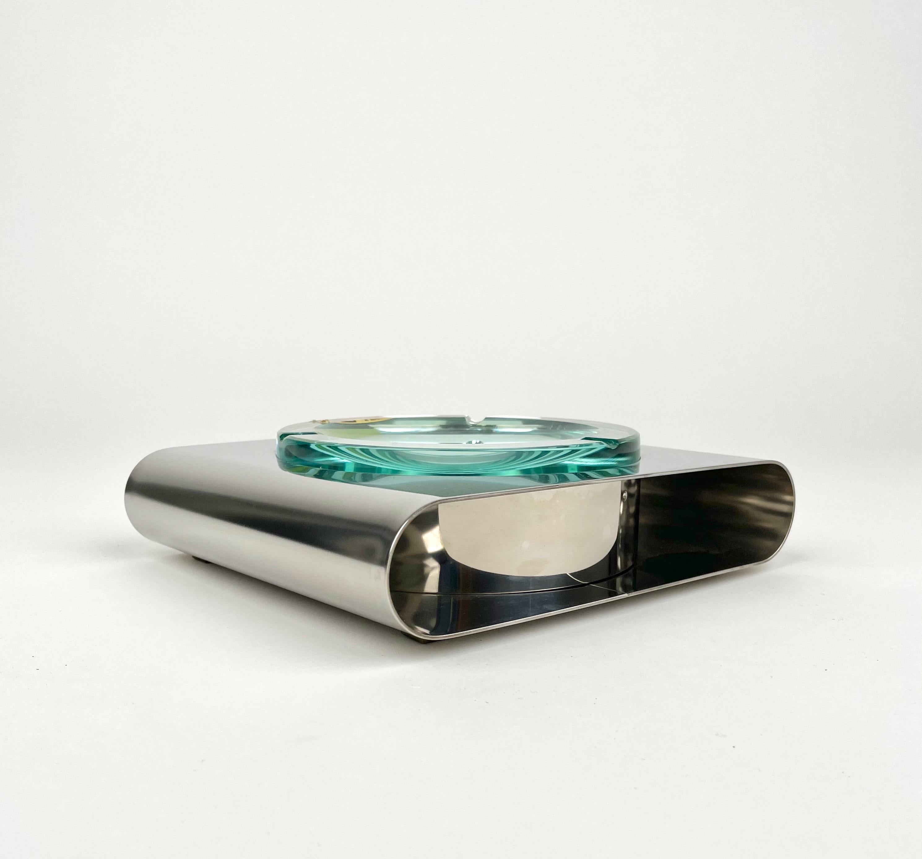 Late 20th Century Ashtray Sena Cristal Steel and Green Glass, Italy, 1970s For Sale