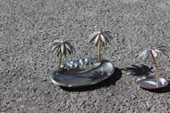 Ashtray with Matchstick Italian Design Silver Plate Palm Trees 1970 Silver Gold