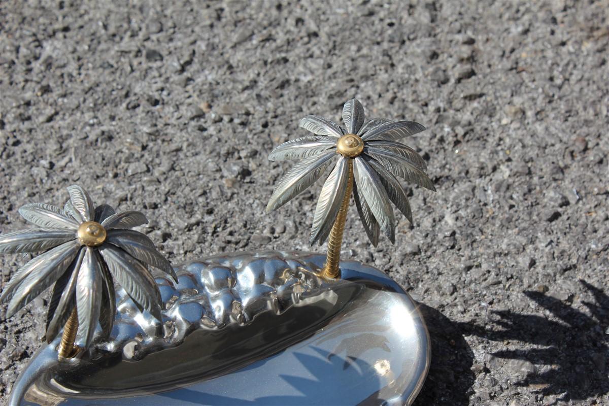 Mid-Century Modern Ashtray with Matchstick Italian Design Silver Plate Palm Trees 1970 Silver Gold
