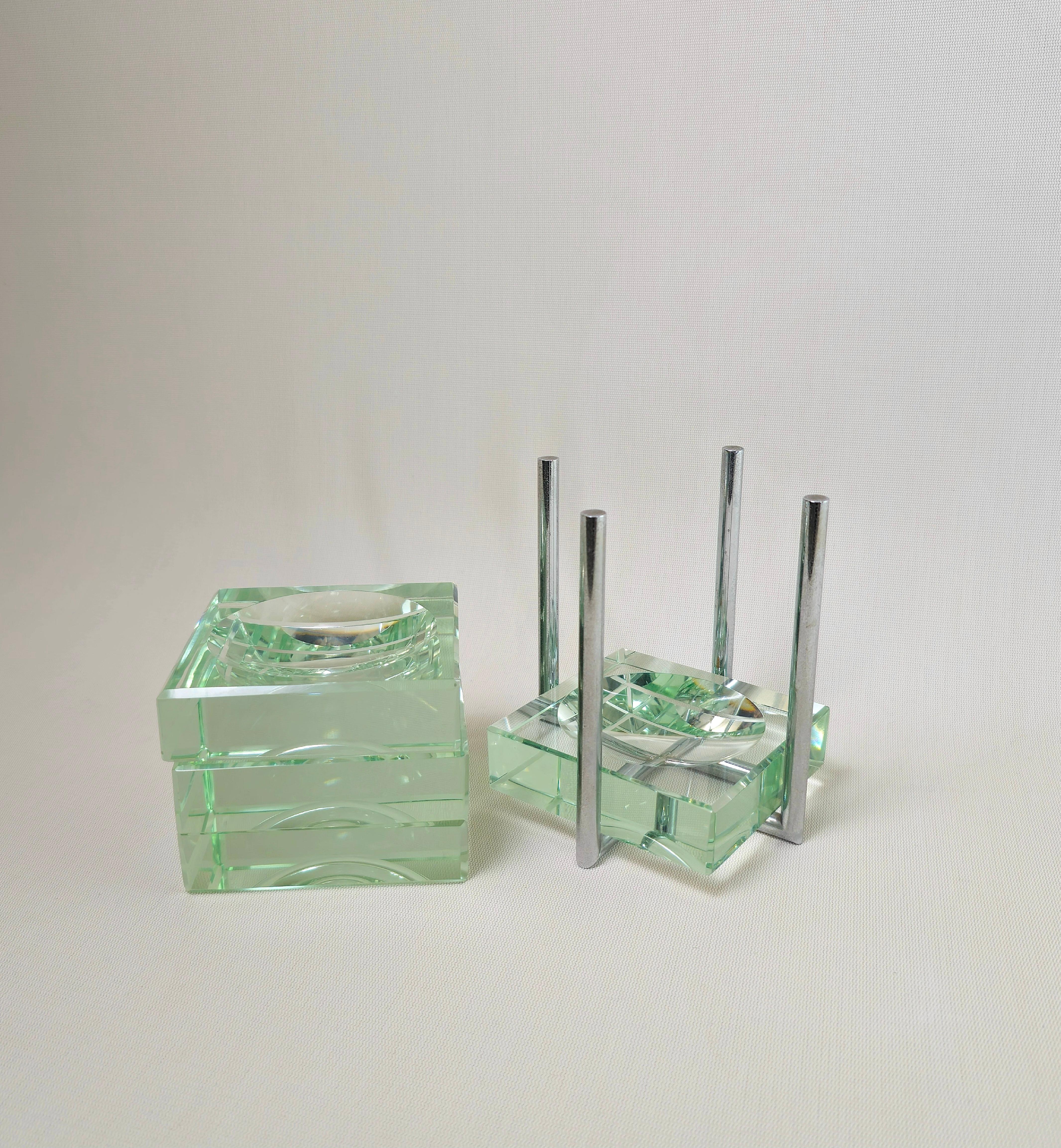 Italian Ashtrays Crystal Glass Chromed Brass Gallotti & Radice Midcentury 1970s Set of 4
