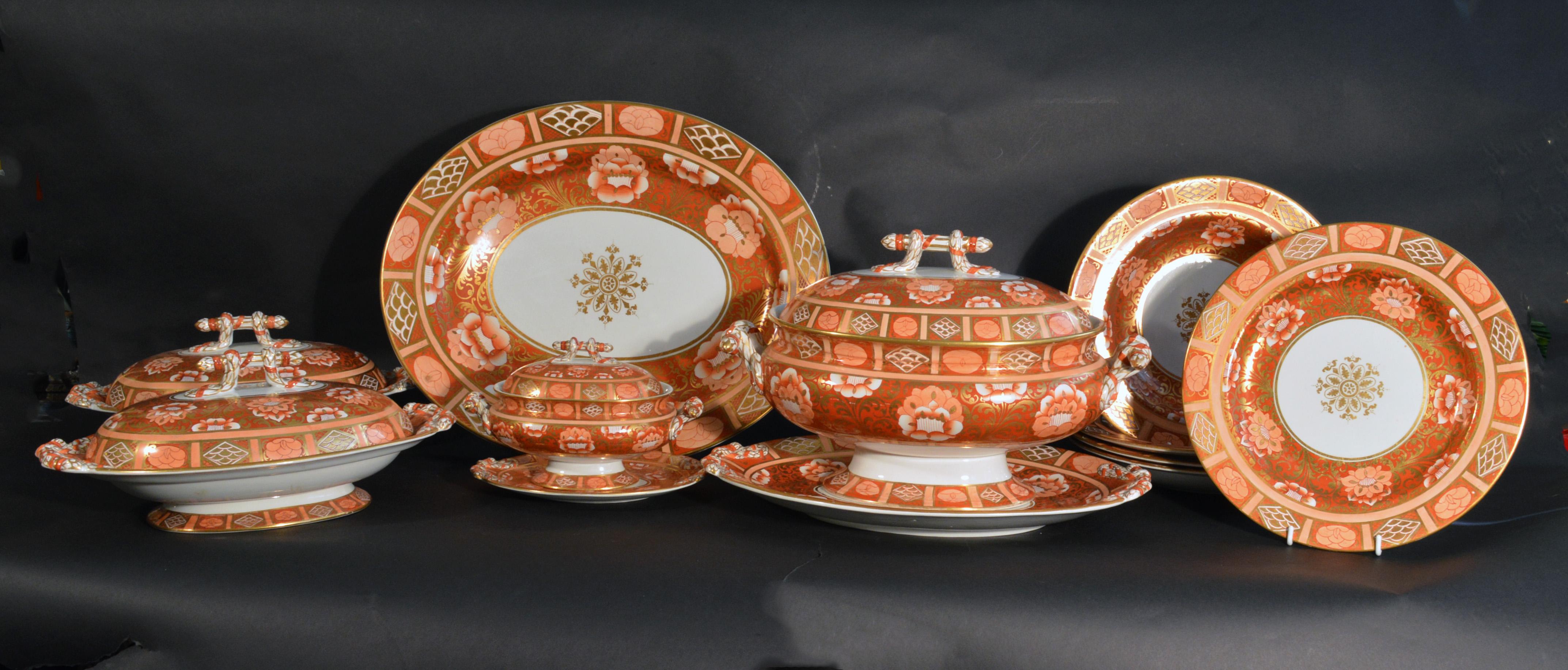 Ashworth Brothers Ironstone dinner service, 
circa 1893,
Forty-five pieces,
Pattern B3369, 

The forty-five piece painted Ashworth ironstone burnt-orange floral patterned dinner service has a central gilt rosette surrounded by a wide 'brocade'