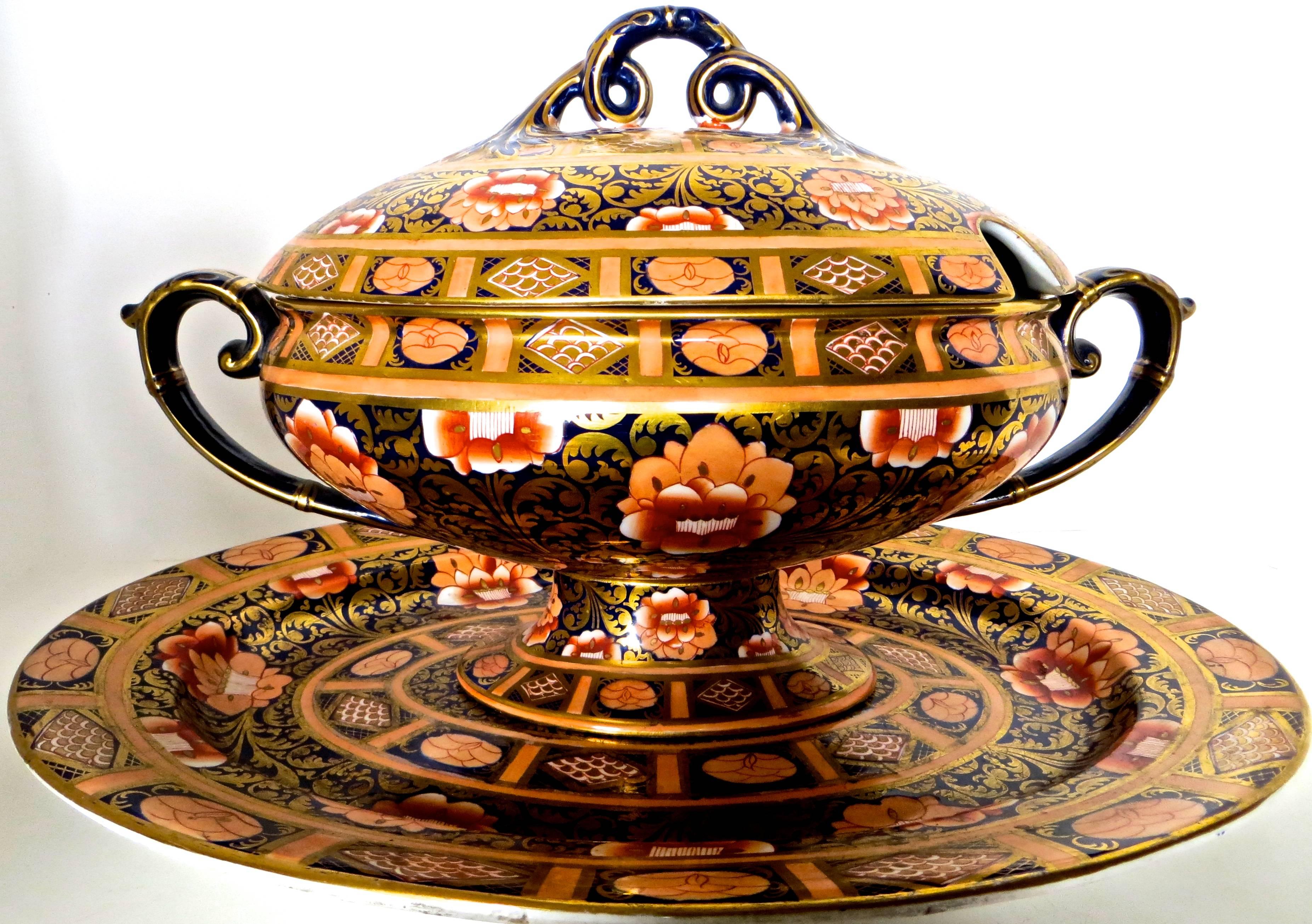 This particular ashworth ironstone three-piece tureen ensemble is quite unique because of its interior decoration; and because of its large size; difficult to find either one of these attributes but exceptionally hard to have both the size and the