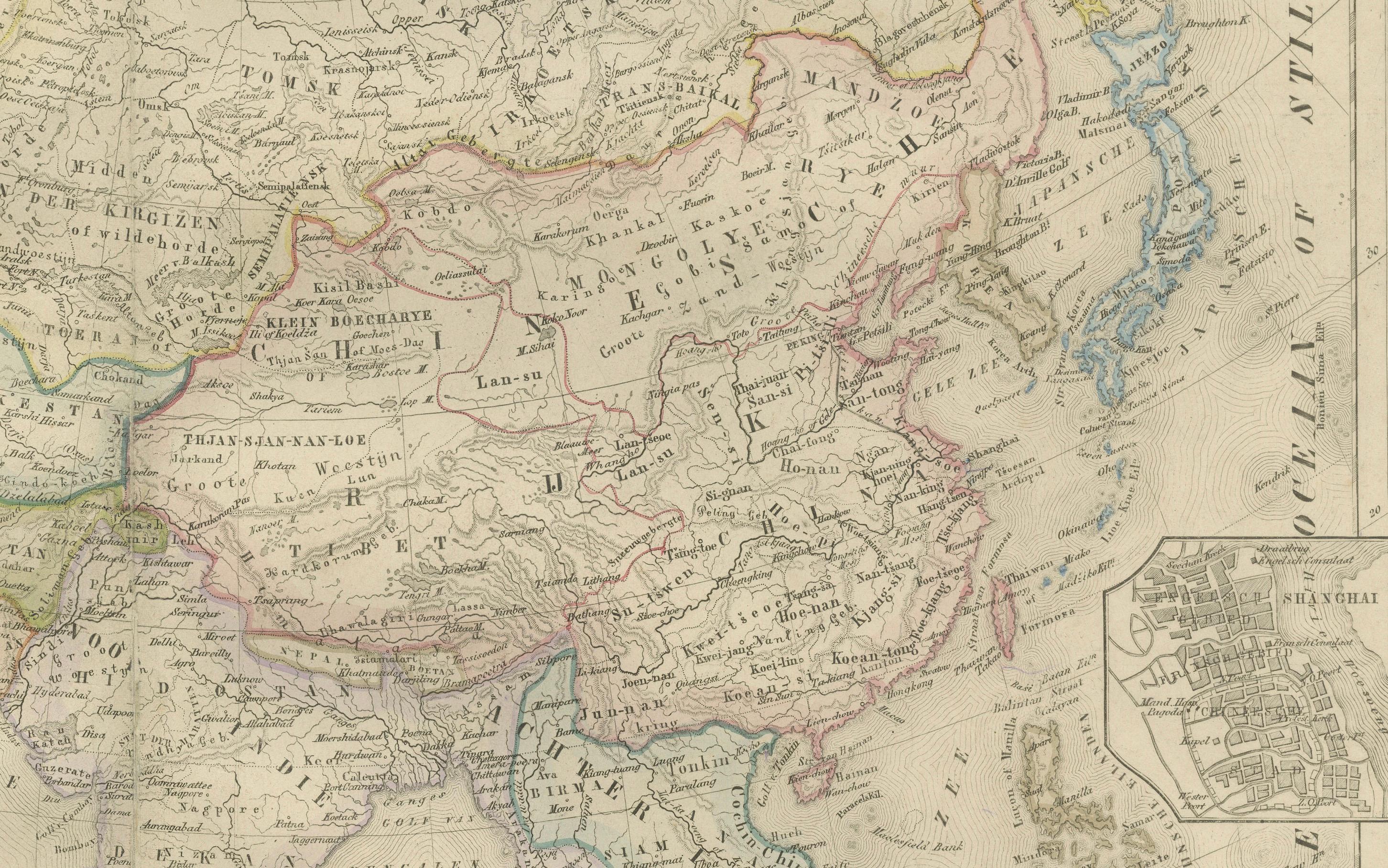 Olandese Mappa dell'Asia con inserti del Medio Oriente e dell'India - Nieuwe Hand-Atlas, Leiden 1876 in vendita