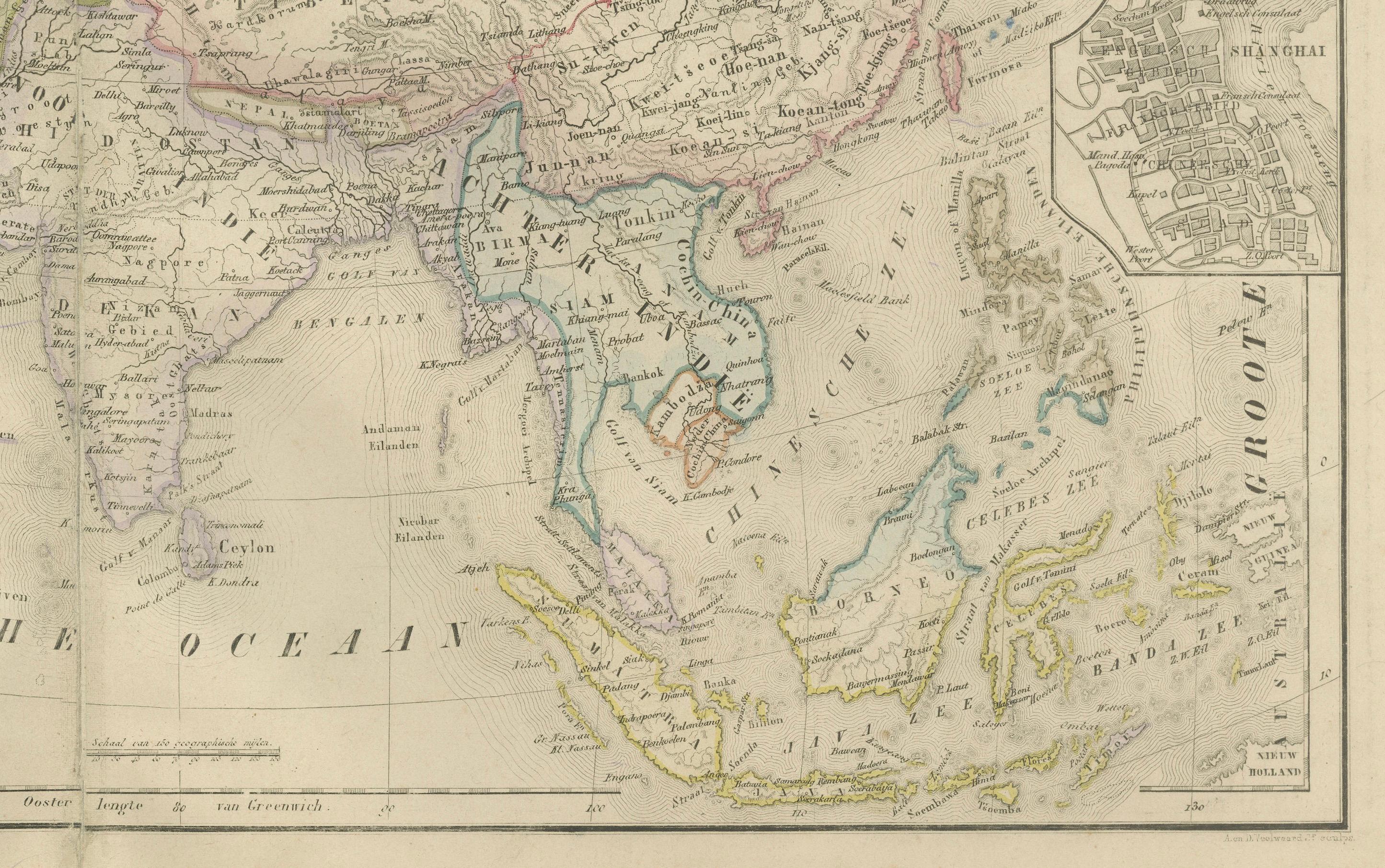 Mappa dell'Asia con inserti del Medio Oriente e dell'India - Nieuwe Hand-Atlas, Leiden 1876 In condizioni buone in vendita a Langweer, NL