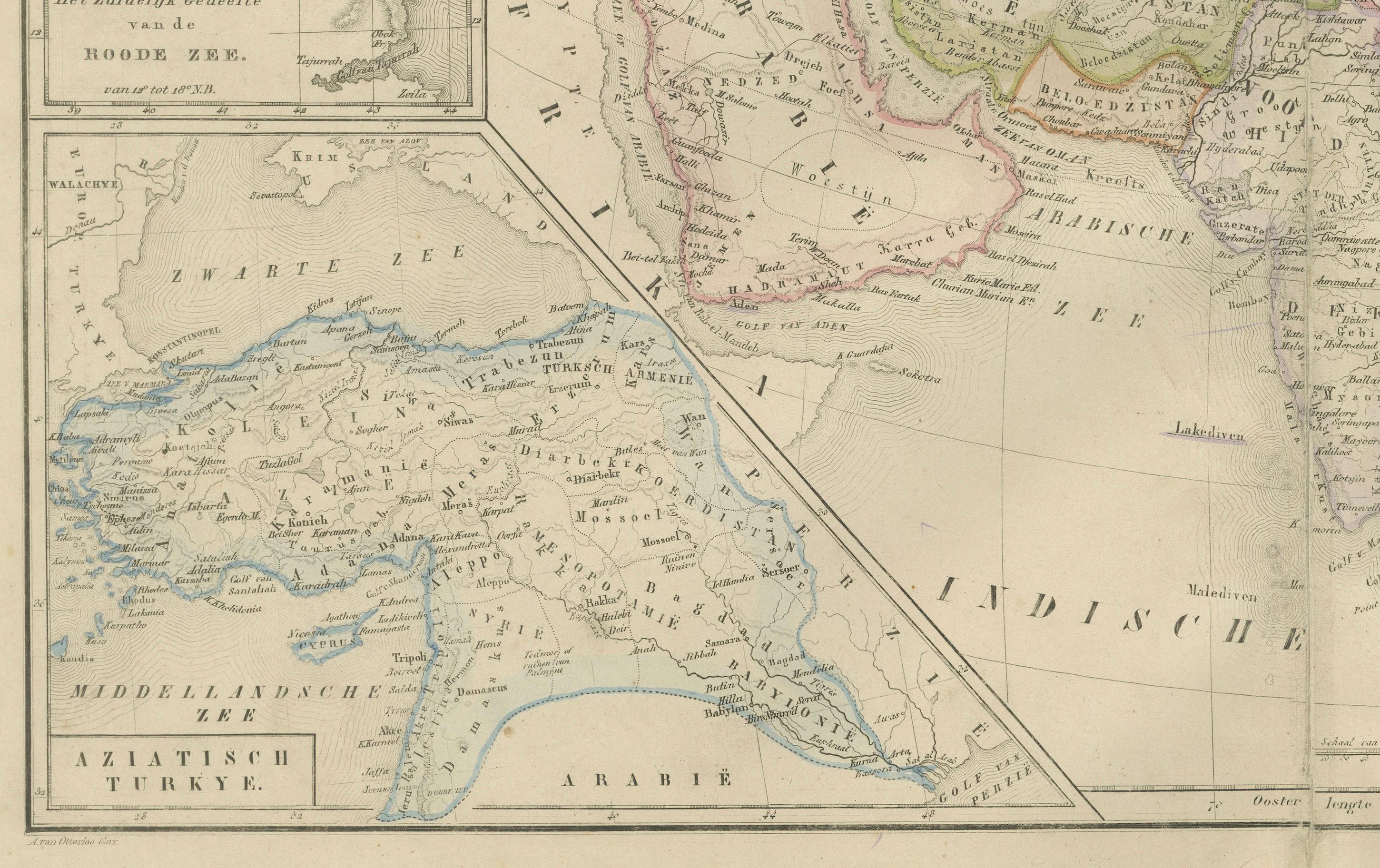 Fine XIX secolo Mappa dell'Asia con inserti del Medio Oriente e dell'India - Nieuwe Hand-Atlas, Leiden 1876 in vendita