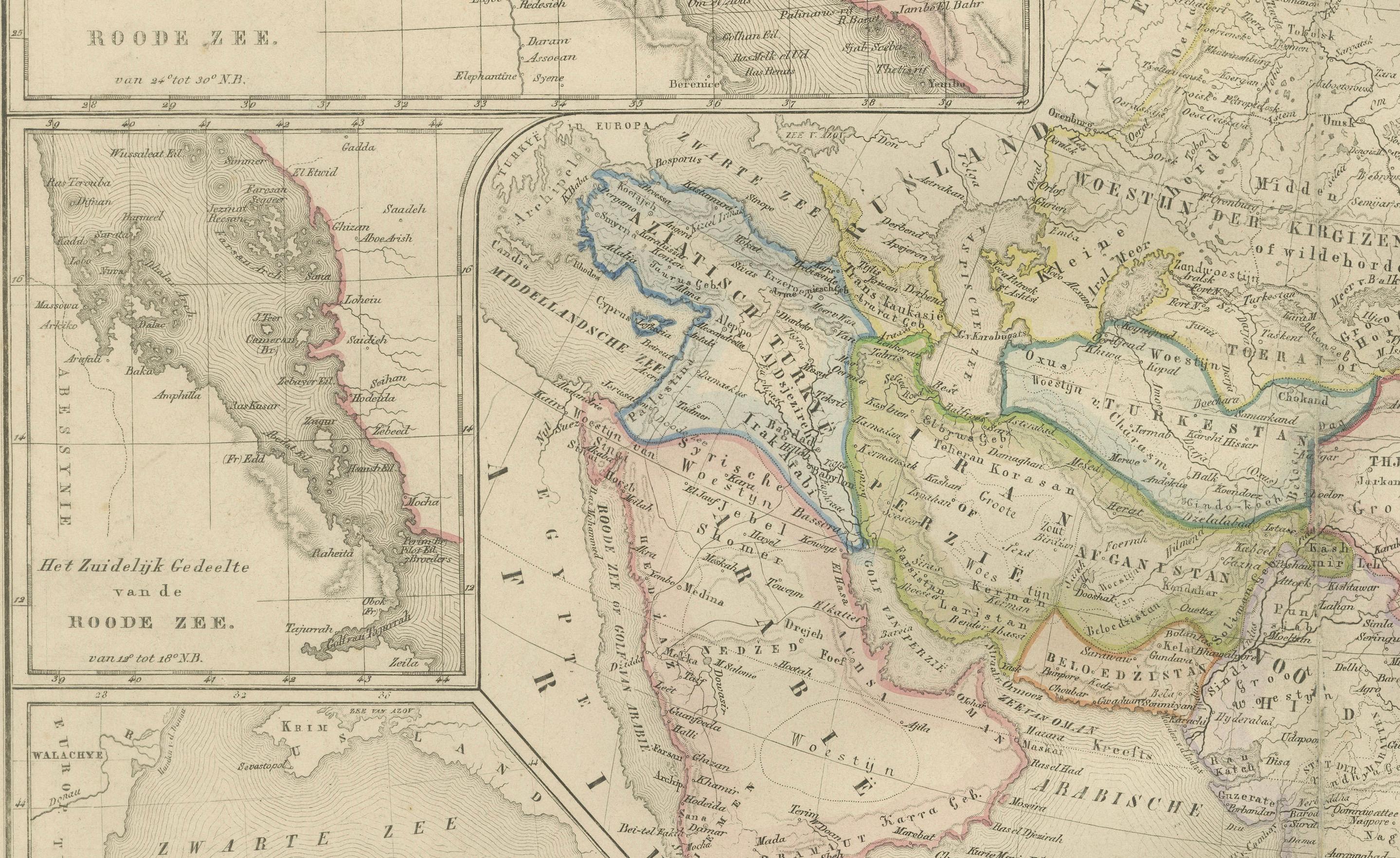 Carta Mappa dell'Asia con inserti del Medio Oriente e dell'India - Nieuwe Hand-Atlas, Leiden 1876 in vendita