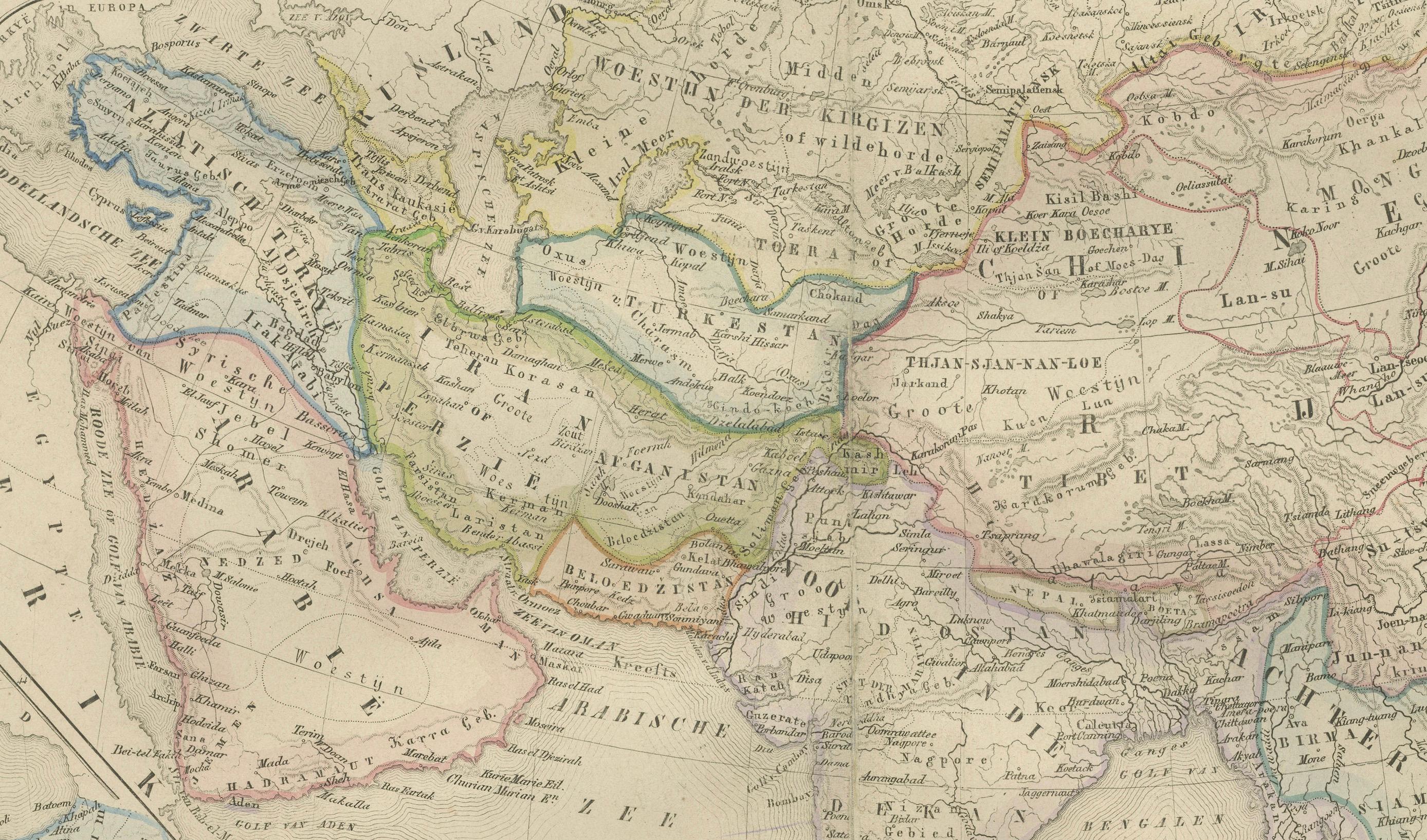 Mappa dell'Asia con inserti del Medio Oriente e dell'India - Nieuwe Hand-Atlas, Leiden 1876 in vendita 2
