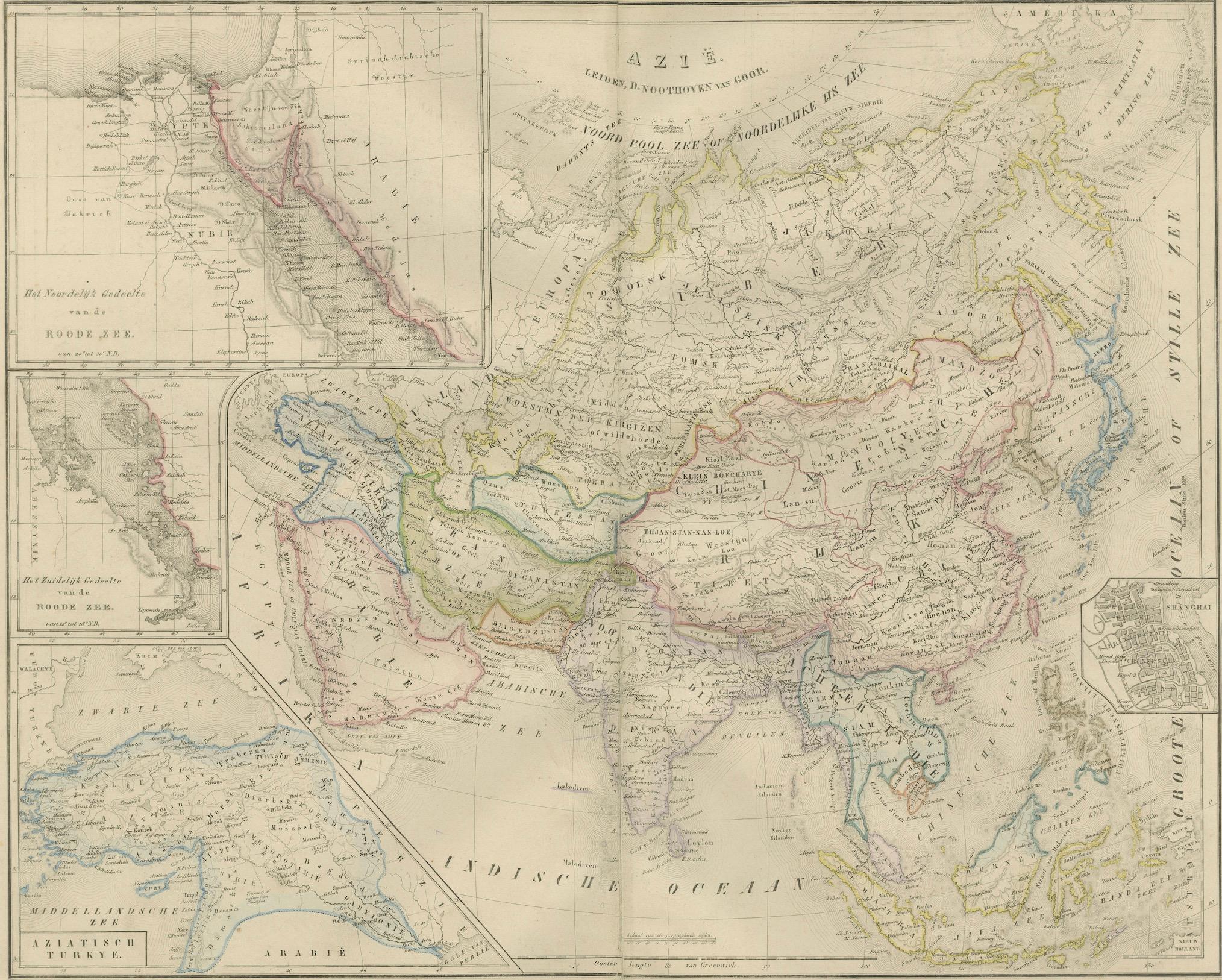 Mappa dell'Asia con inserti del Medio Oriente e dell'India - Nieuwe Hand-Atlas, Leiden 1876 in vendita 3