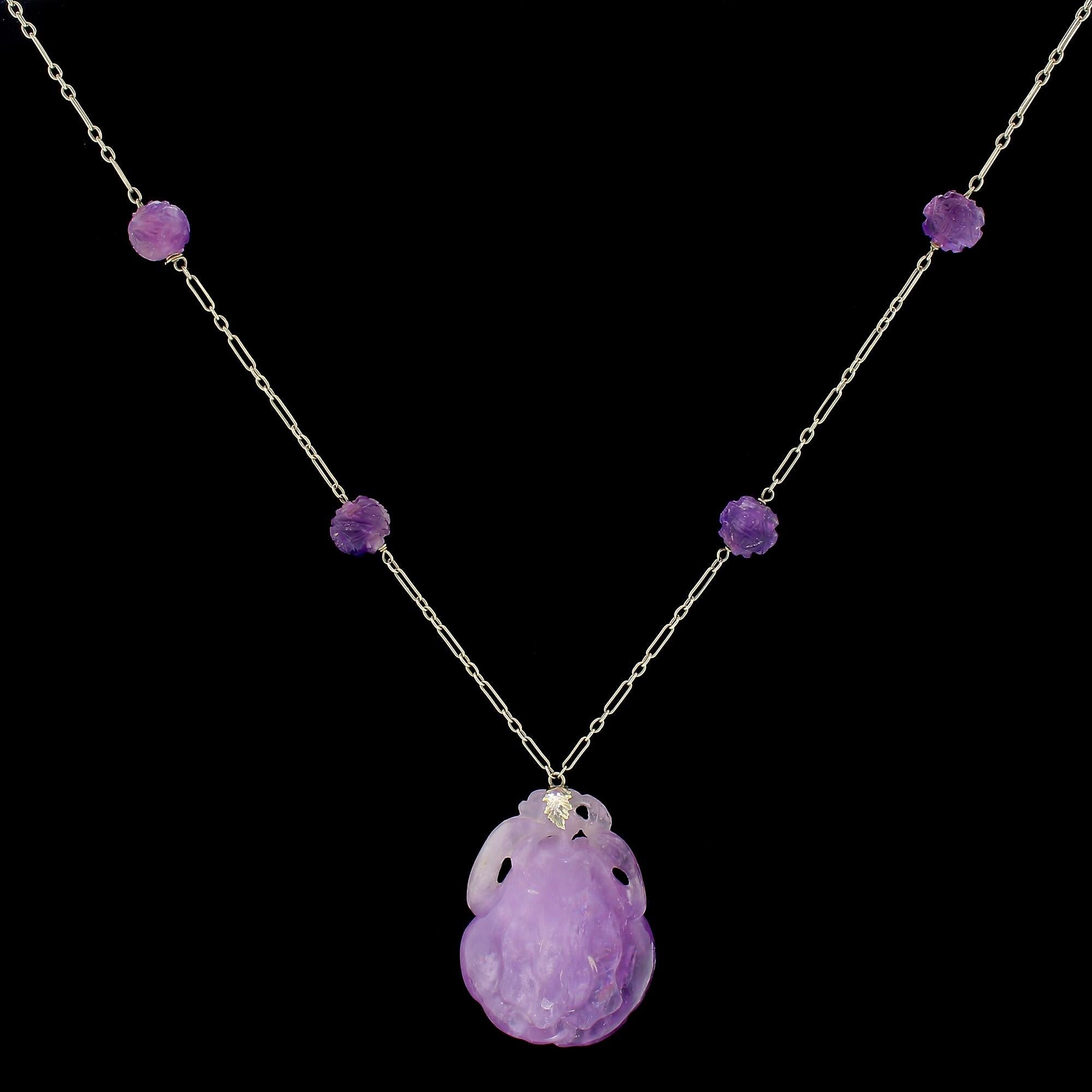 Finding early Chinese Export pieces is quite difficult due to the fact there are so many modern copies. We are thrilled to present this authentic and beautiful necklace, crafted from hand-carved amethyst stones and 14K white gold, all with