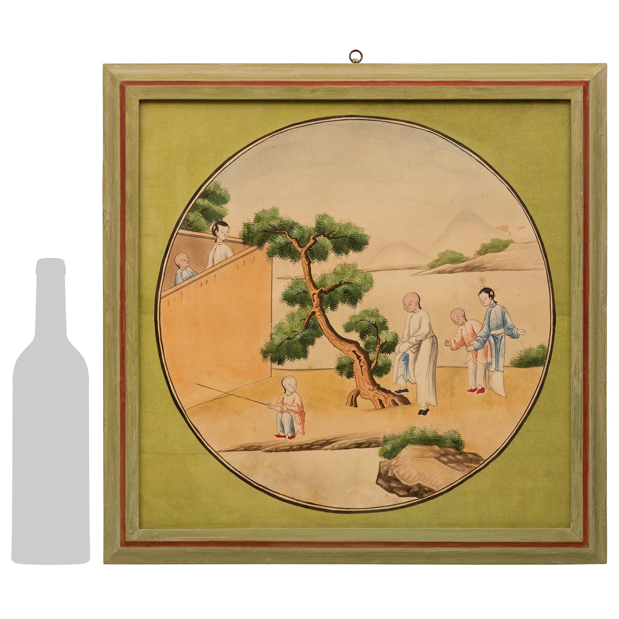 An extremely decorative Asian 18th century watercolor on parchment. The stunning watercolor painting is elegantly framed in a patinated green frame with a red fillet throughout. The image depicts a humble and respective Asian lifestyle living by the