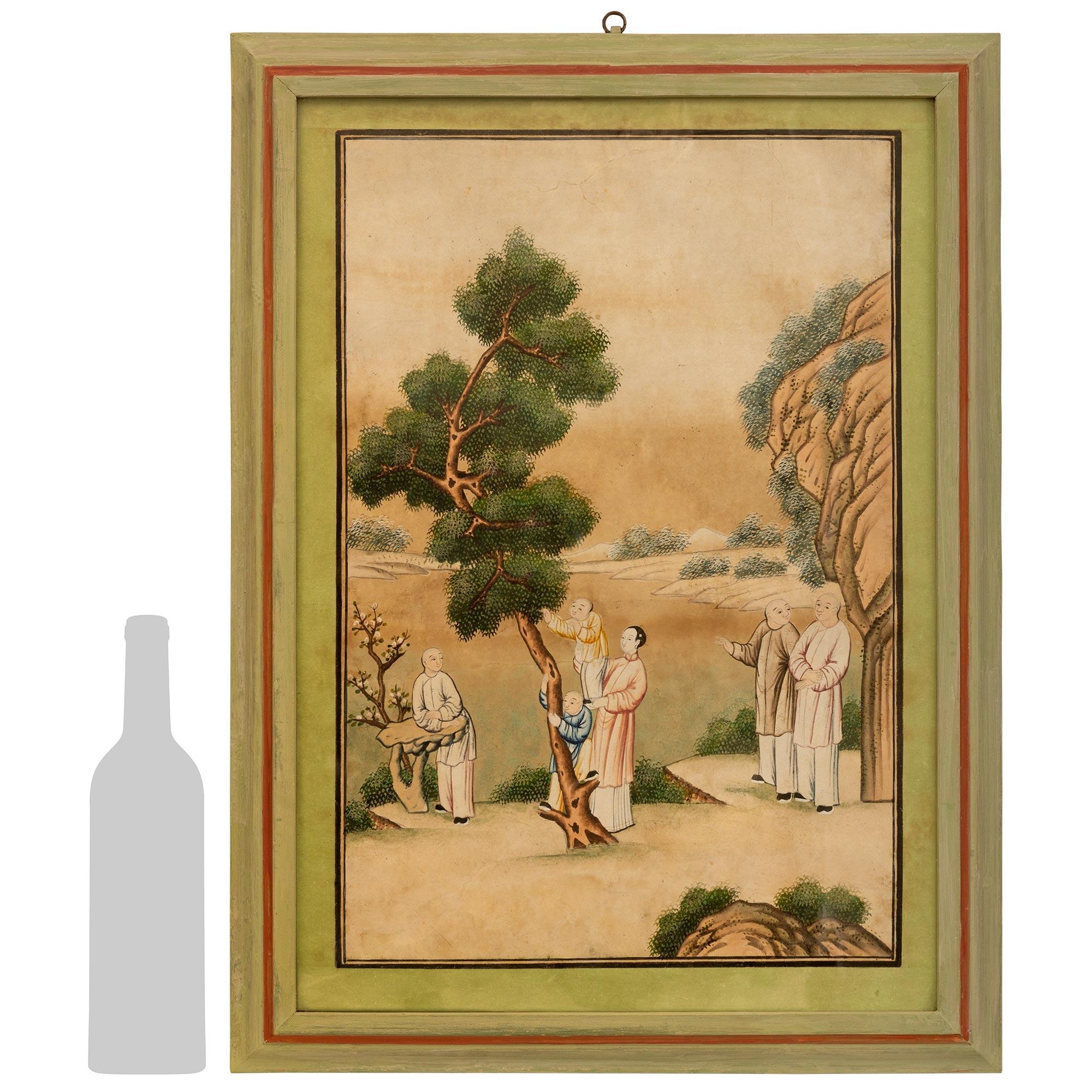 An extremely decorative Asian 18th century watercolor on parchment. The watercolor painting is elegantly framed in a patinated green frame with a red fillet along its border. The image depicts a humble and respective Asian lifestyle living by the