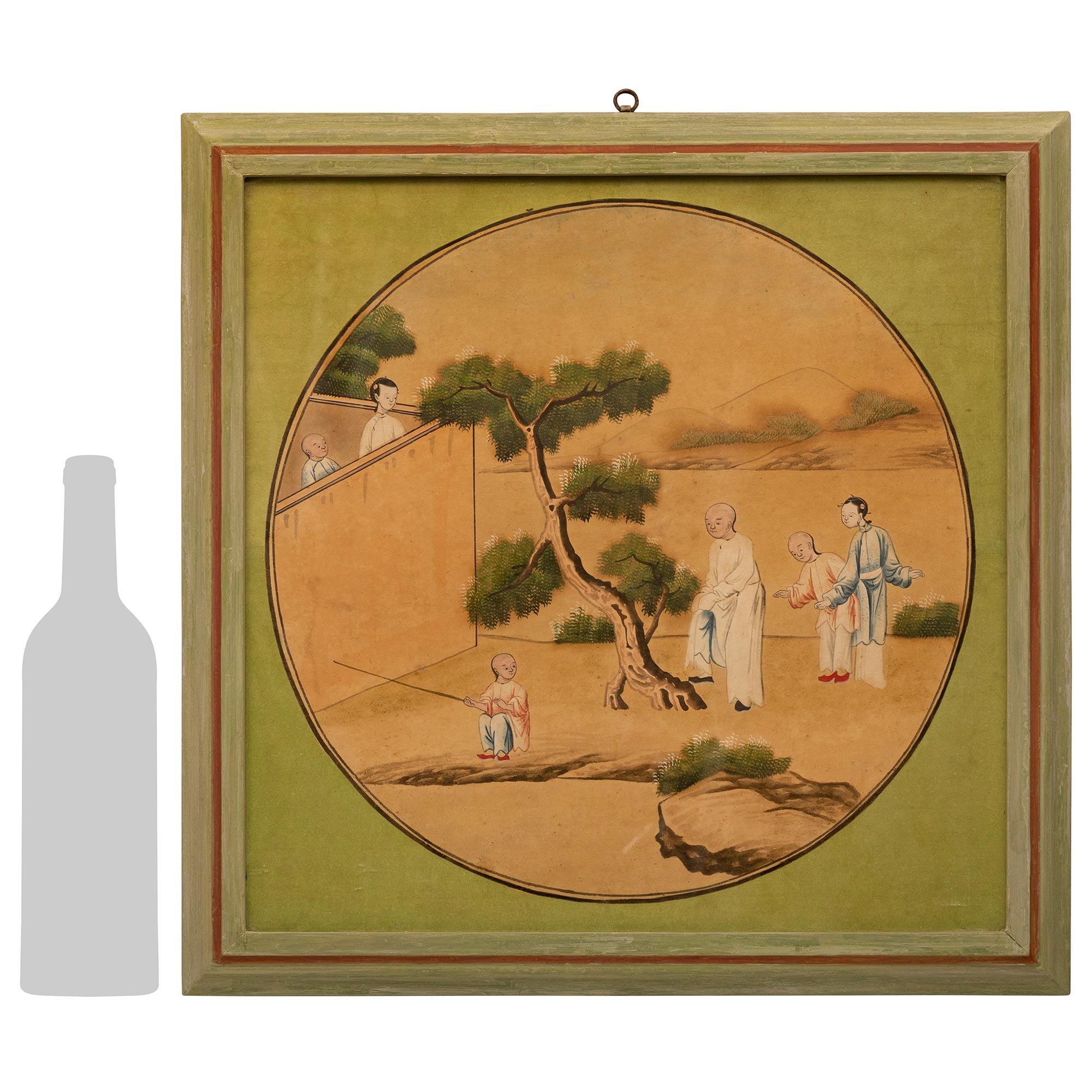 An extremely decorative set of four Asian 18th century watercolors on parchment. Each of the four stunning watercolor paintings are elegantly set in a green frame with a red spine. The images depict a humble and respective Asian lifestyle living by