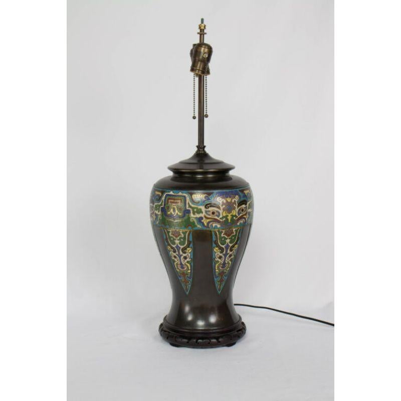 Asian Antique Bronze Champleve Table Lamp In Good Condition For Sale In Canton, MA