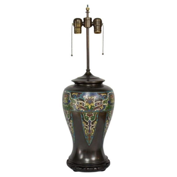 Asian Antique Bronze Champleve Table Lamp For Sale