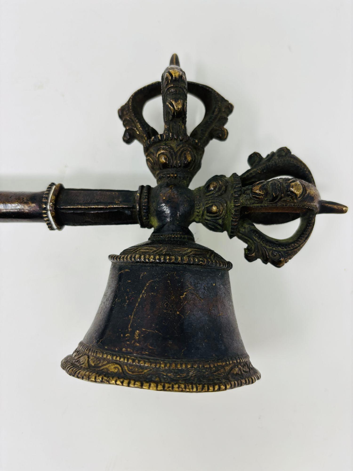 Asian Antique Bronze Tibetan Ceremonial Prayer Vajra Bell In Good Condition For Sale In North Hollywood, CA