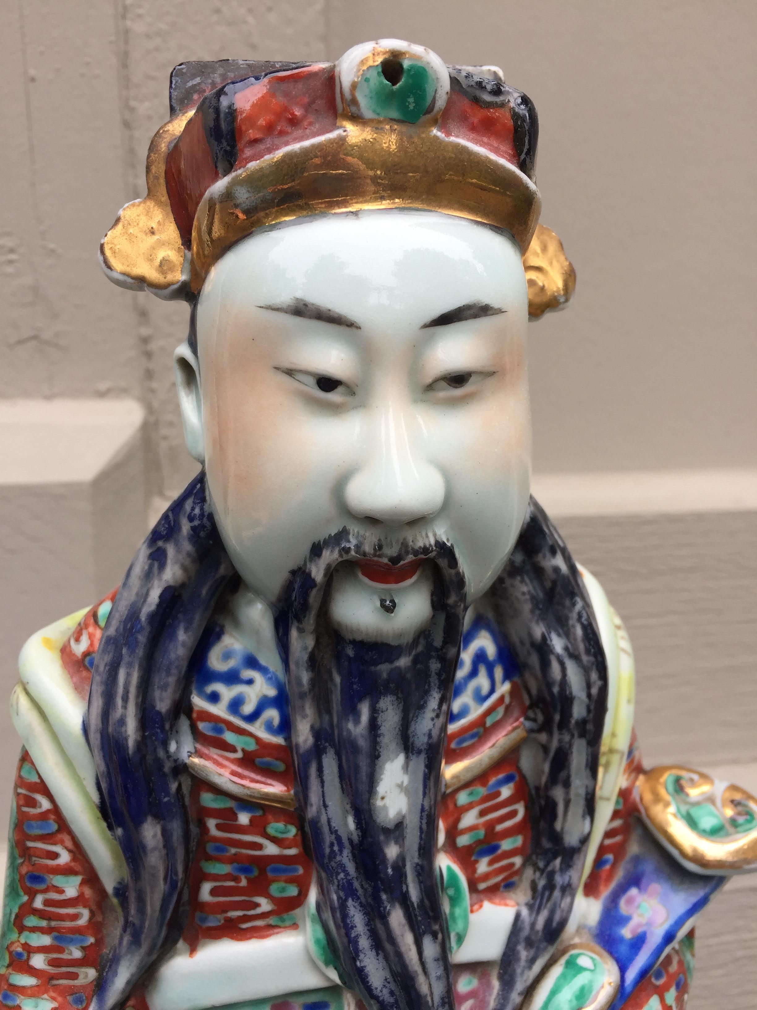 Asian antique porcelain and gold leaf immortal statue
Chinese famille rose porcelain immortal one of the Gods of longevity, prosperity and happiness,
circa 1920s-1930s, early 20th century
This gold leaf and porcelain figure will enhance any room.