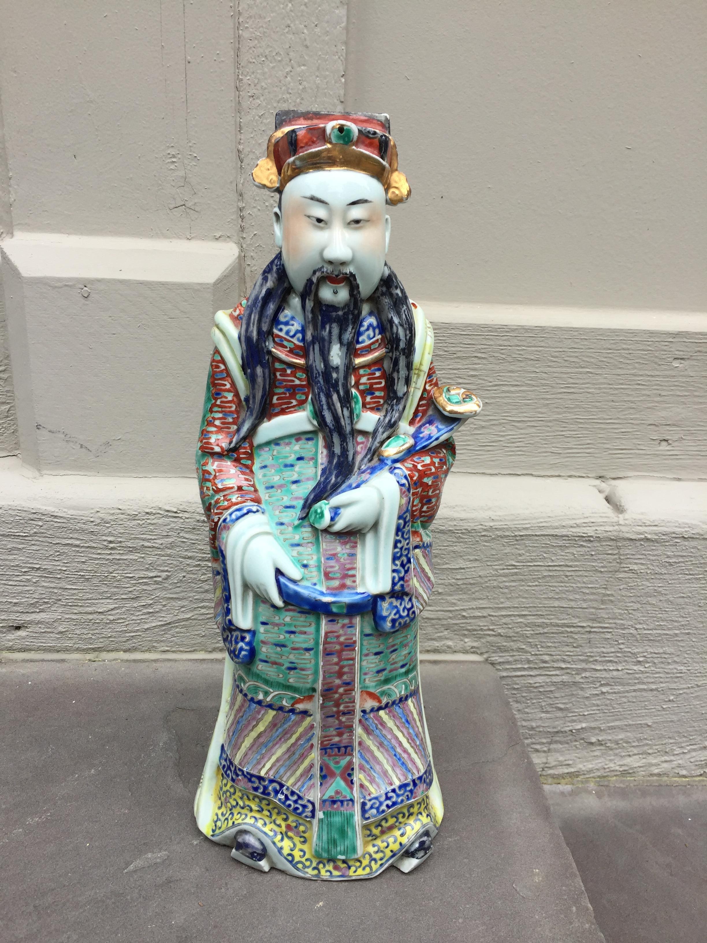 Chinese Asian Antique Porcelain and Gold Leaf Immortal Statue For Sale