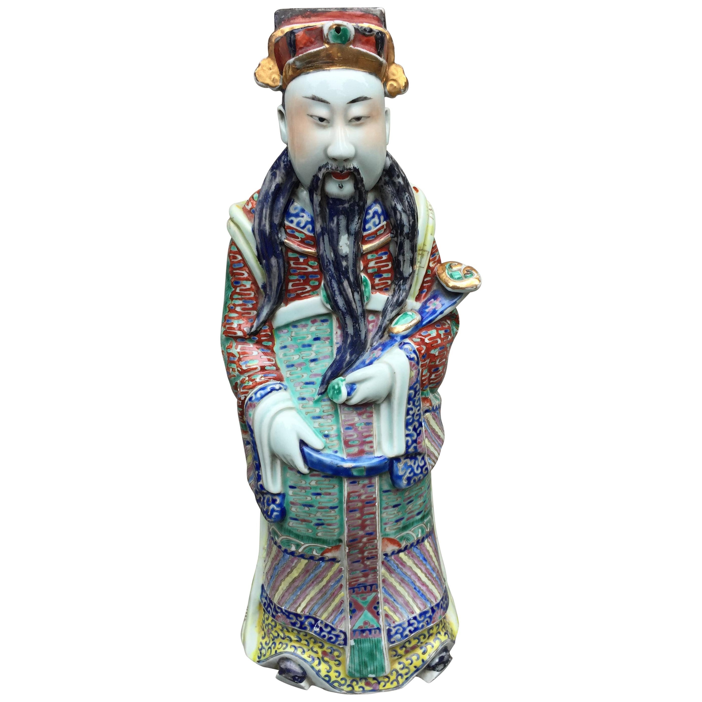 Asian Antique Porcelain and Gold Leaf Immortal Statue For Sale