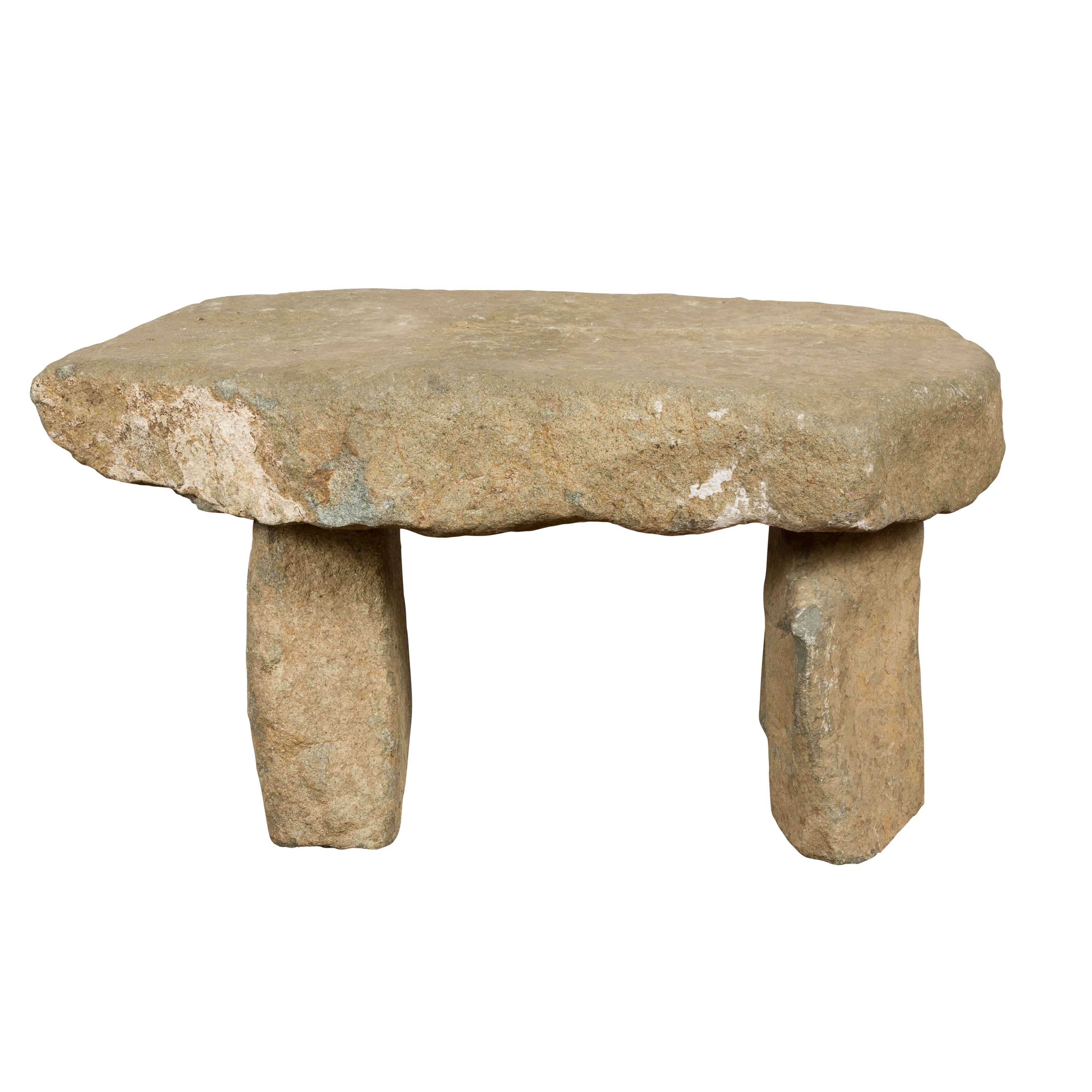 Asian Antique Three Piece Stone Bench with Great Rustic Character 11
