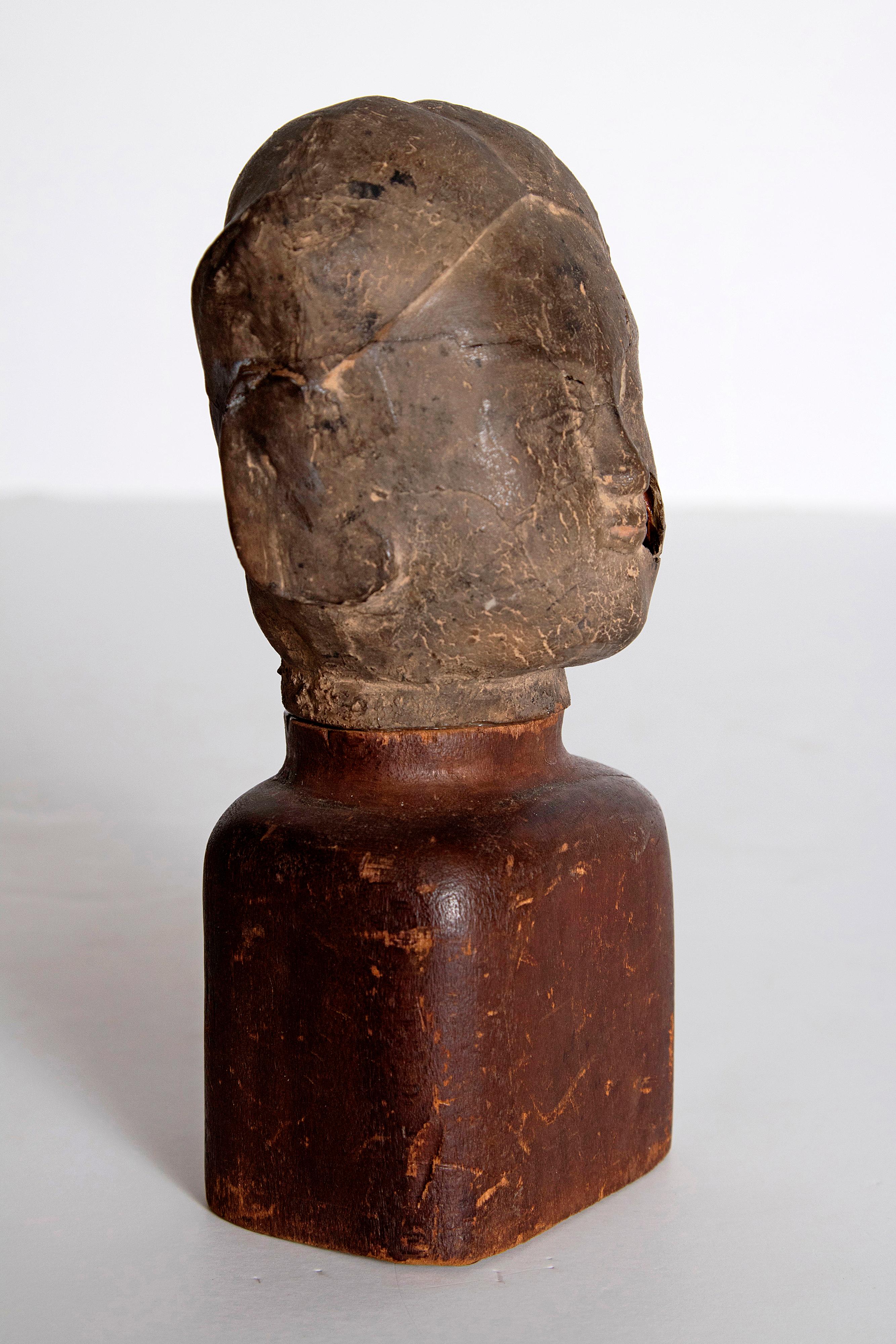 Asian Antiquity Clay Head on Wood Base 3