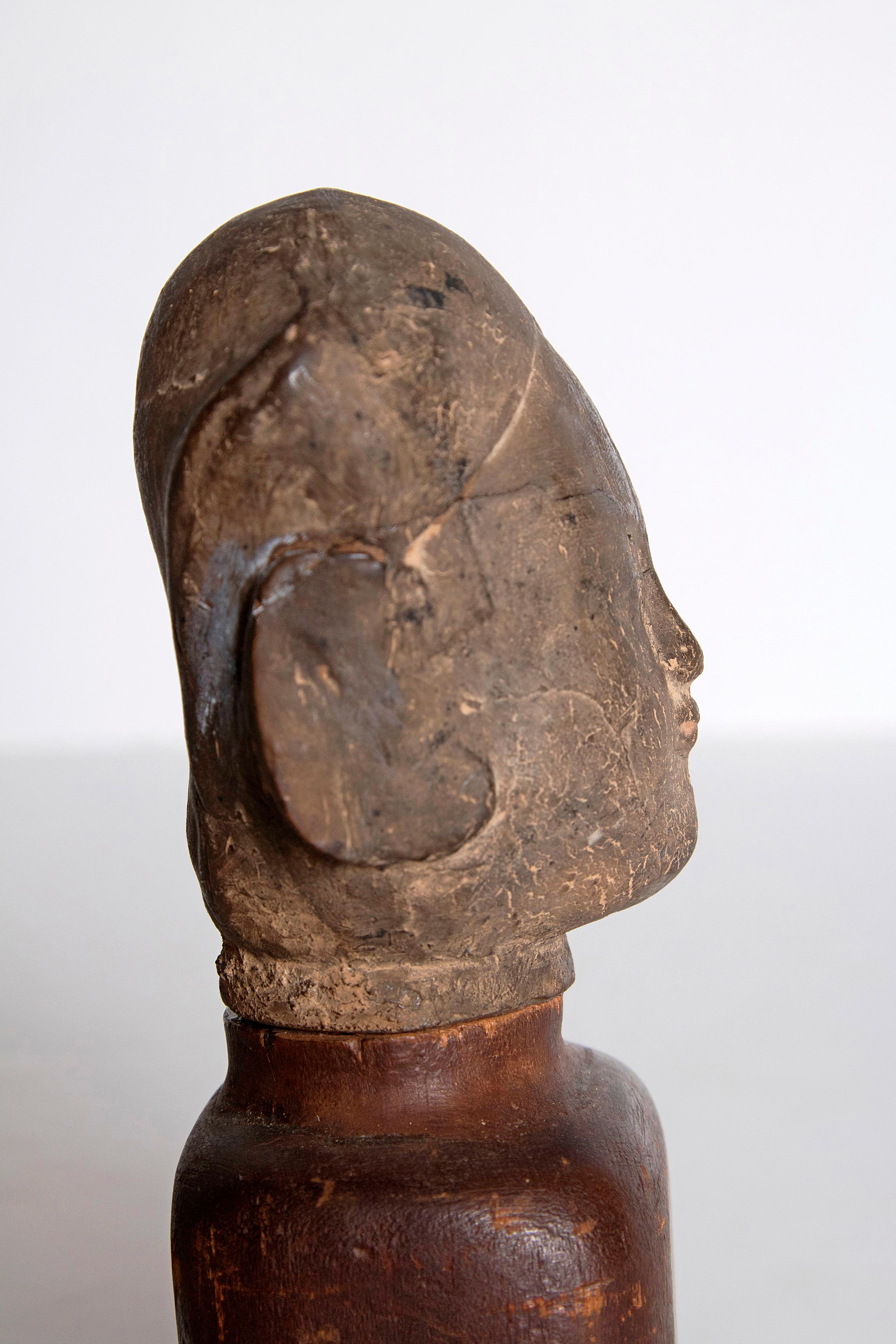 Asian Antiquity Clay Head on Wood Base 4