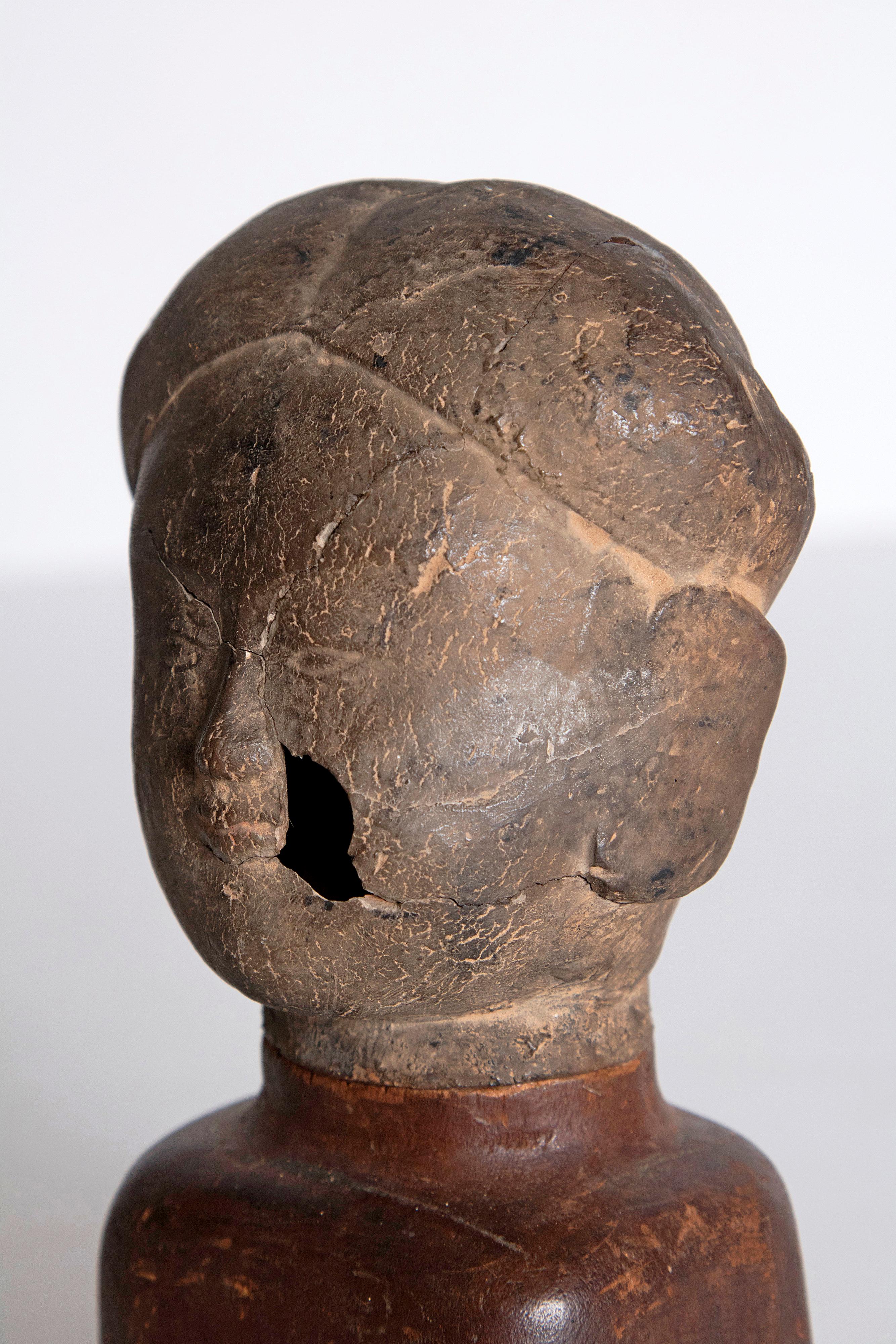 18th Century and Earlier Asian Antiquity Clay Head on Wood Base