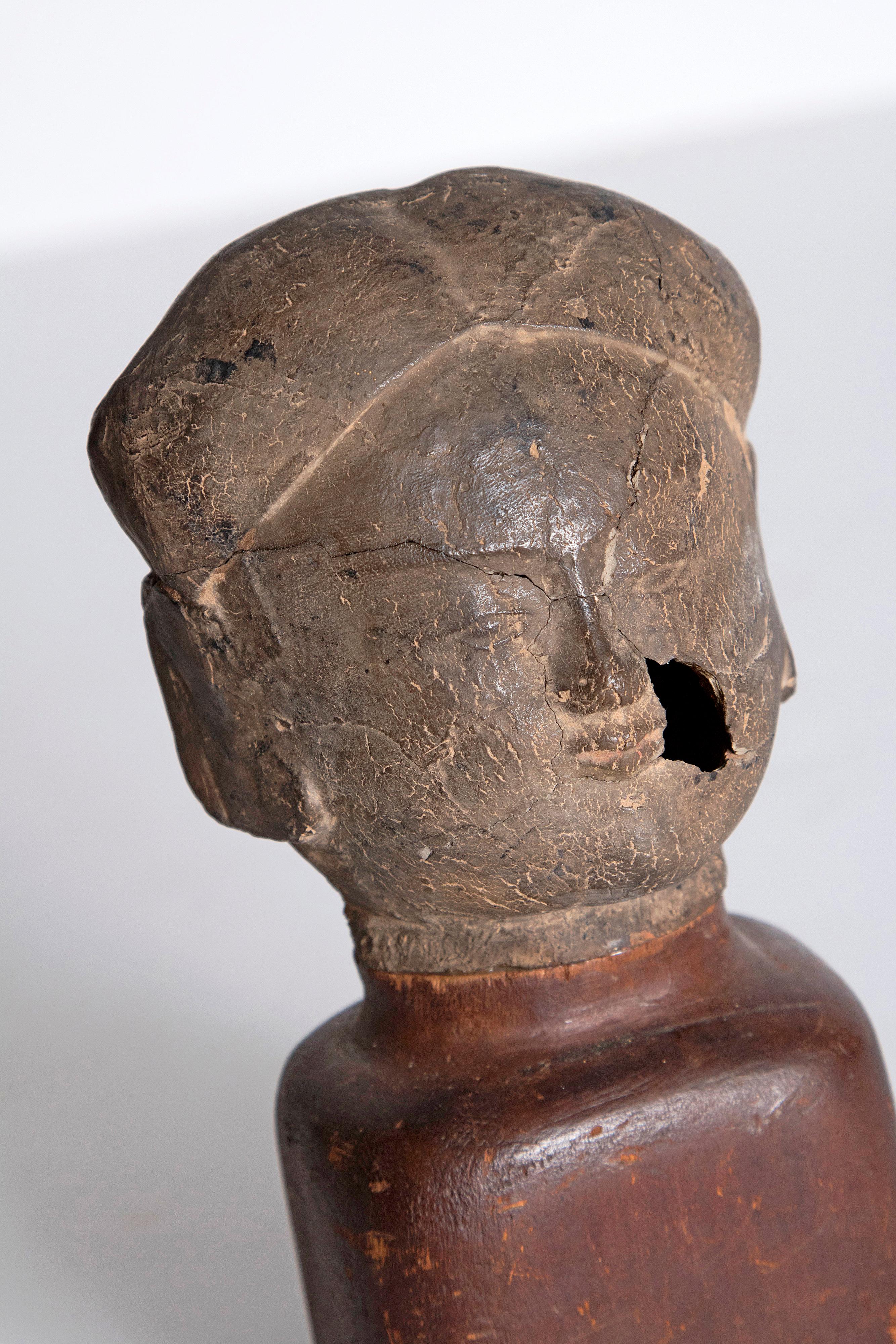 Asian Antiquity Clay Head on Wood Base 1