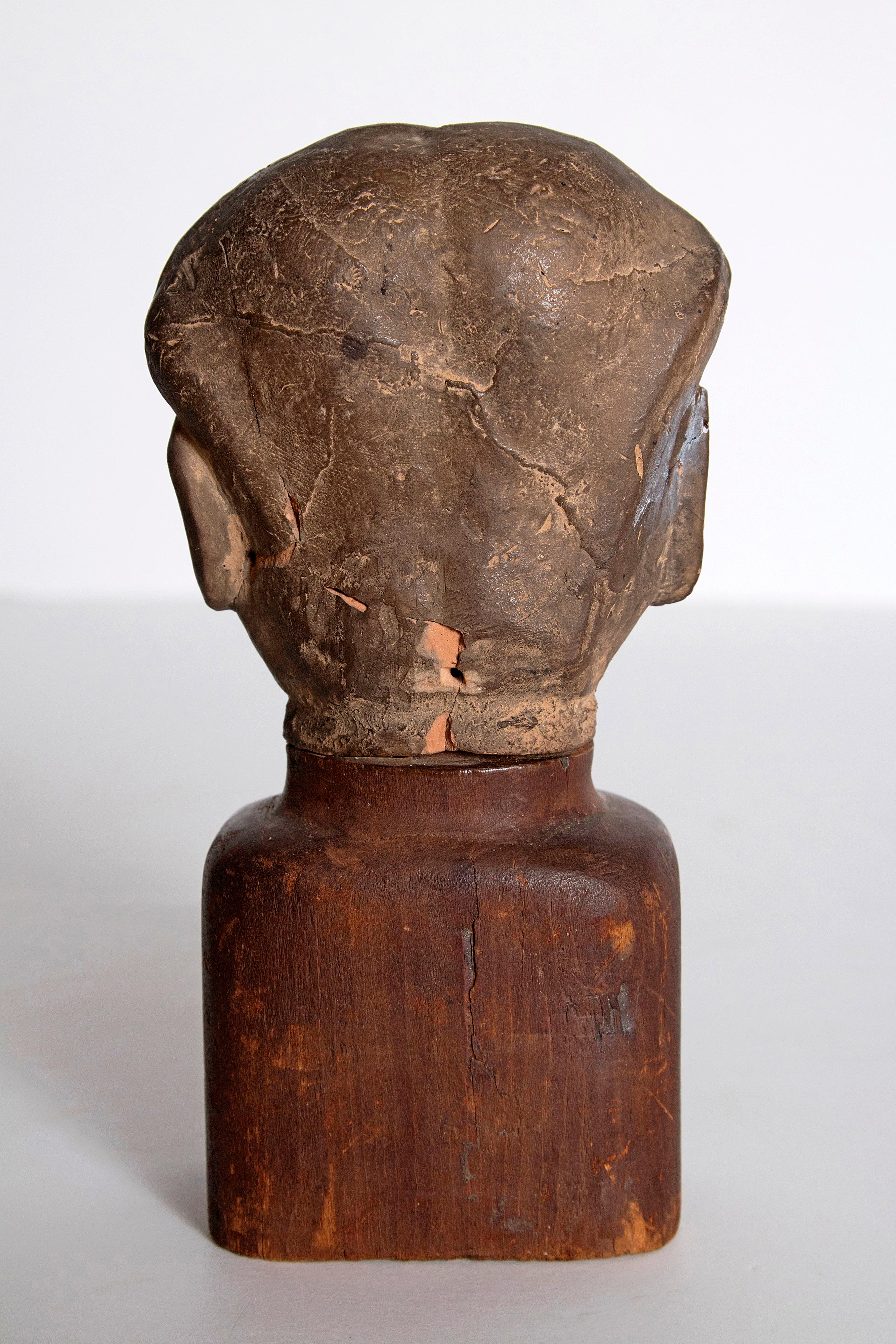 Asian Antiquity Clay Head on Wood Base 2