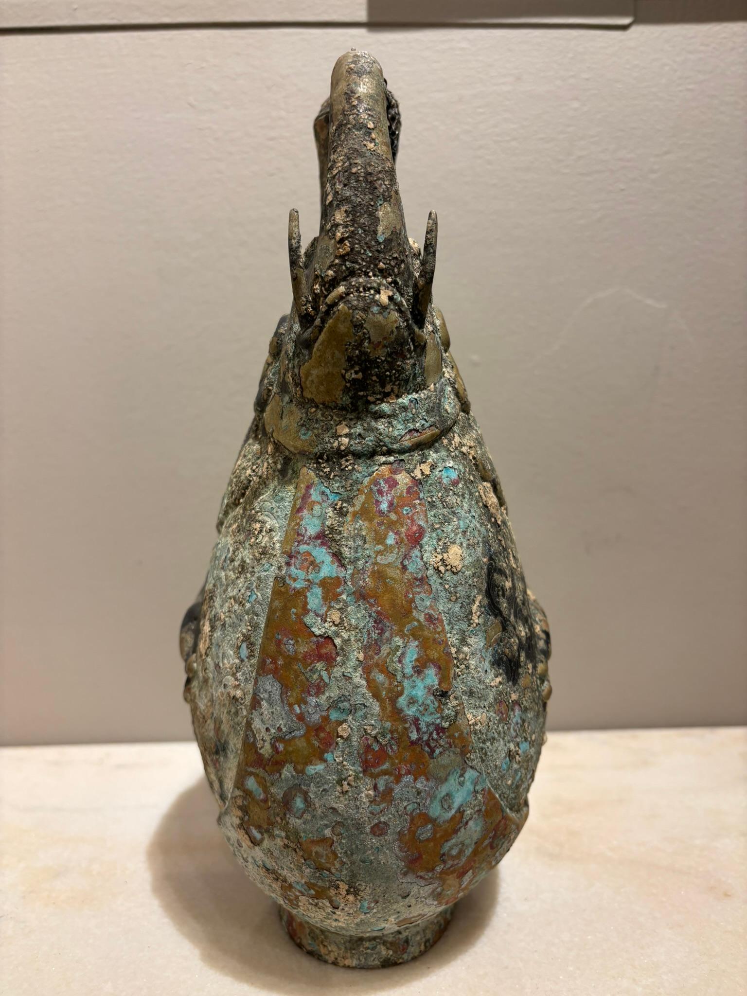 Repoussé Asian Archaistic Copper Vessel With Boar's Head and Elephant's Head For Sale