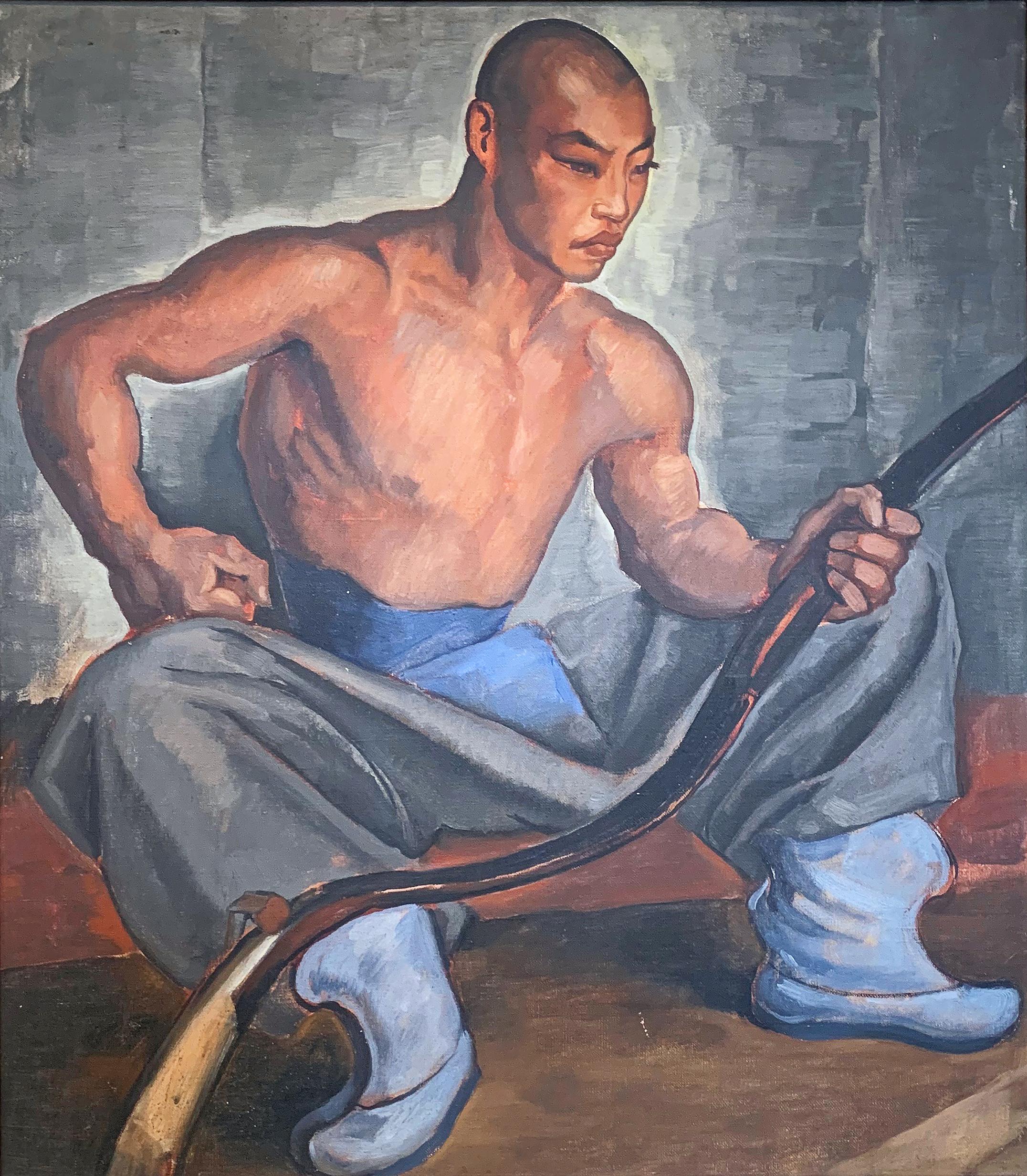 Dramatically and vividly painted, this depiction of a seated Archer of Asian descent, holding his bow in one hand, is a Classic example of Depression-era portraiture. The contemplative posture of the figure, the beautiful blues and grays of his