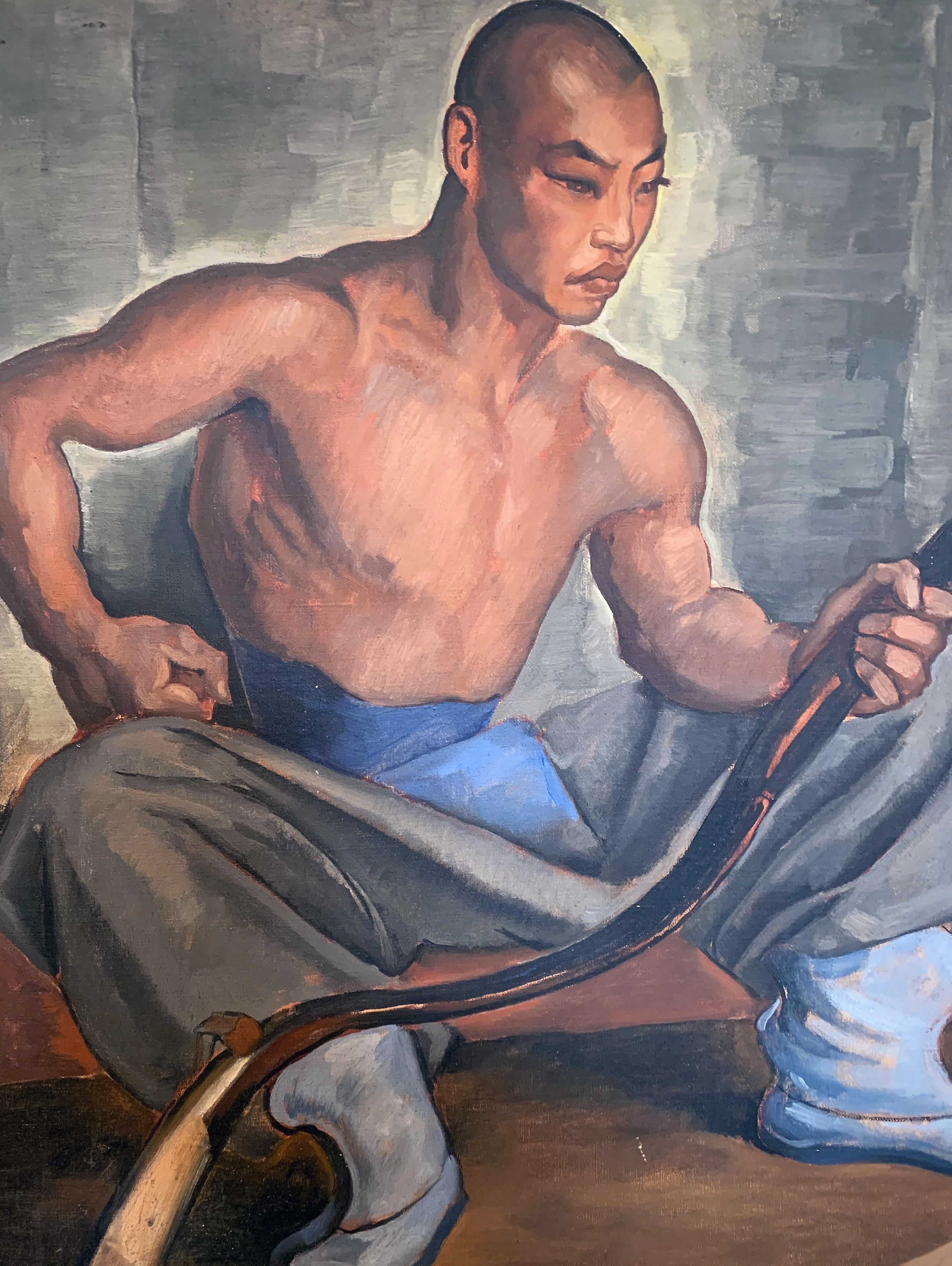 Américain « Asian Archer », peinture Art déco d'une jeunesse asiatique en bleu et gris en vente