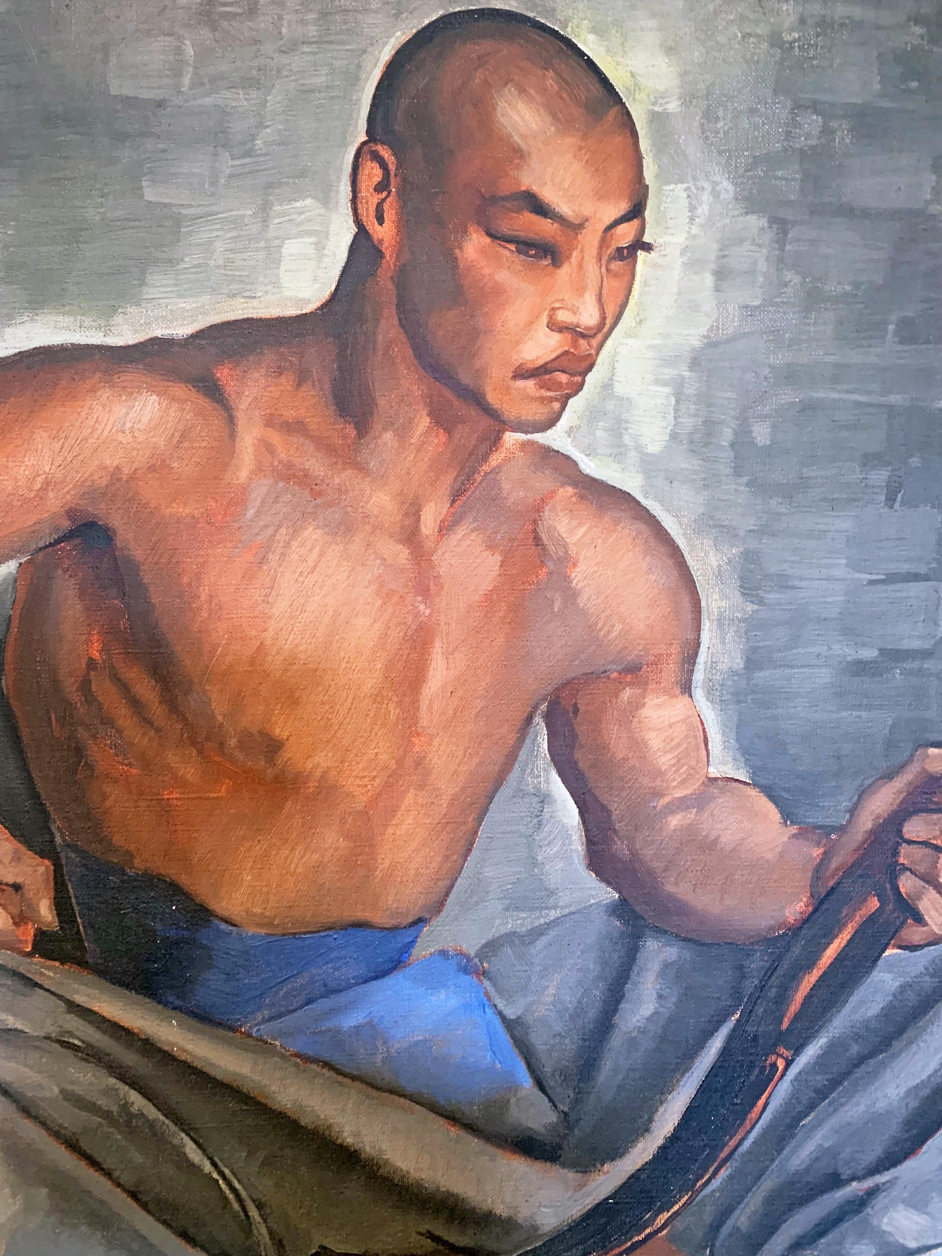 Peint « Asian Archer », peinture Art déco d'une jeunesse asiatique en bleu et gris en vente