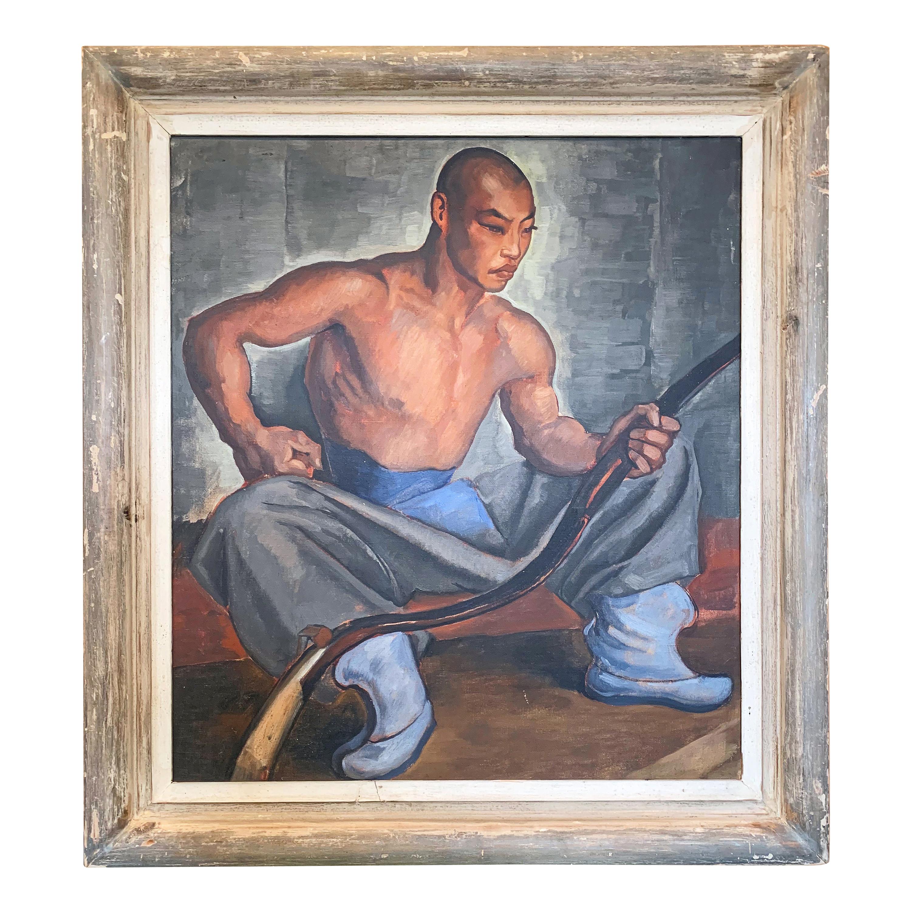 "Asian Archer," Art Deco Painting of Asian Youth in Blue and Gray