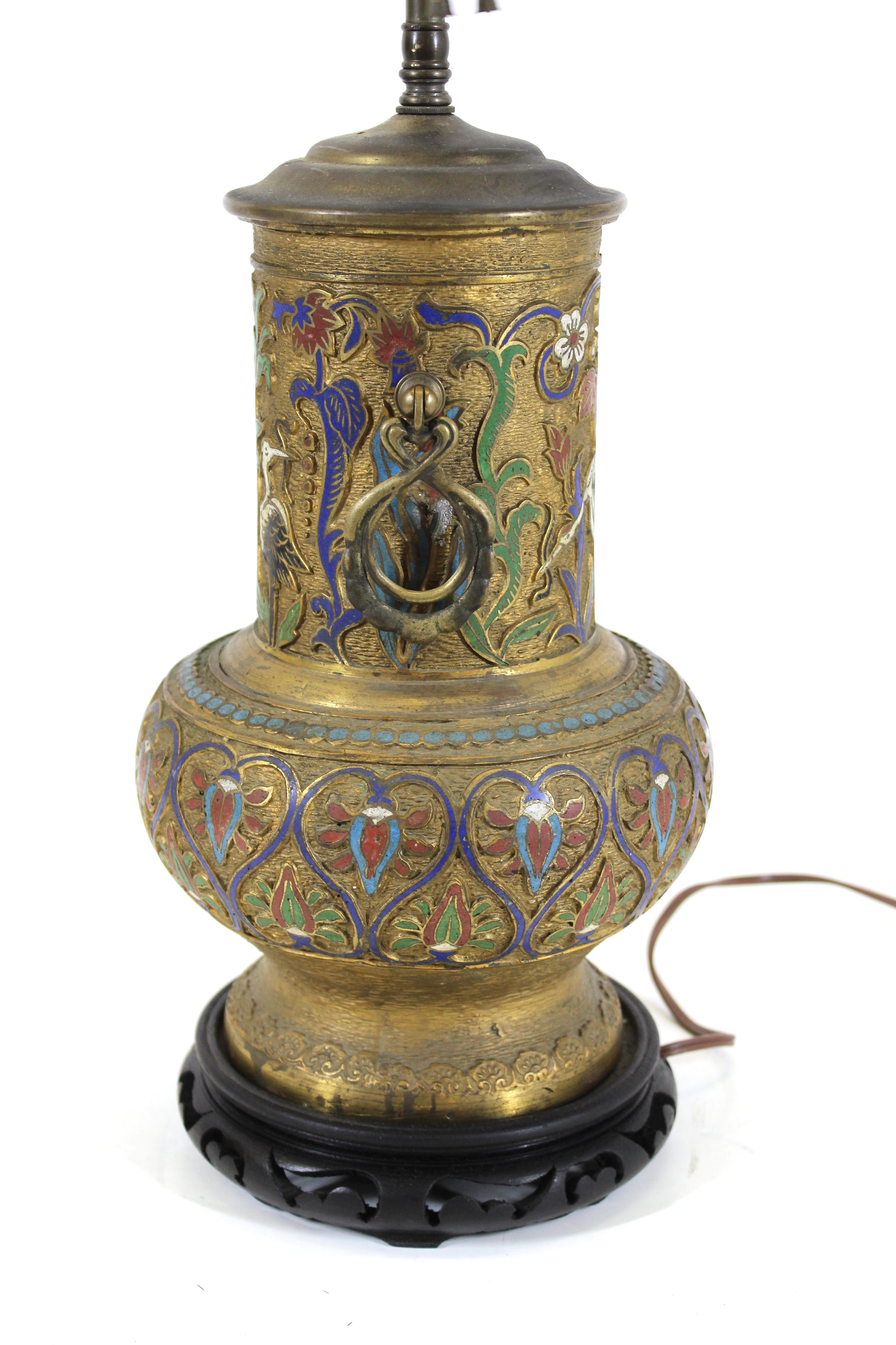 Metal Asian Art Deco Champlevé Enamel Urn Table Lamp For Sale