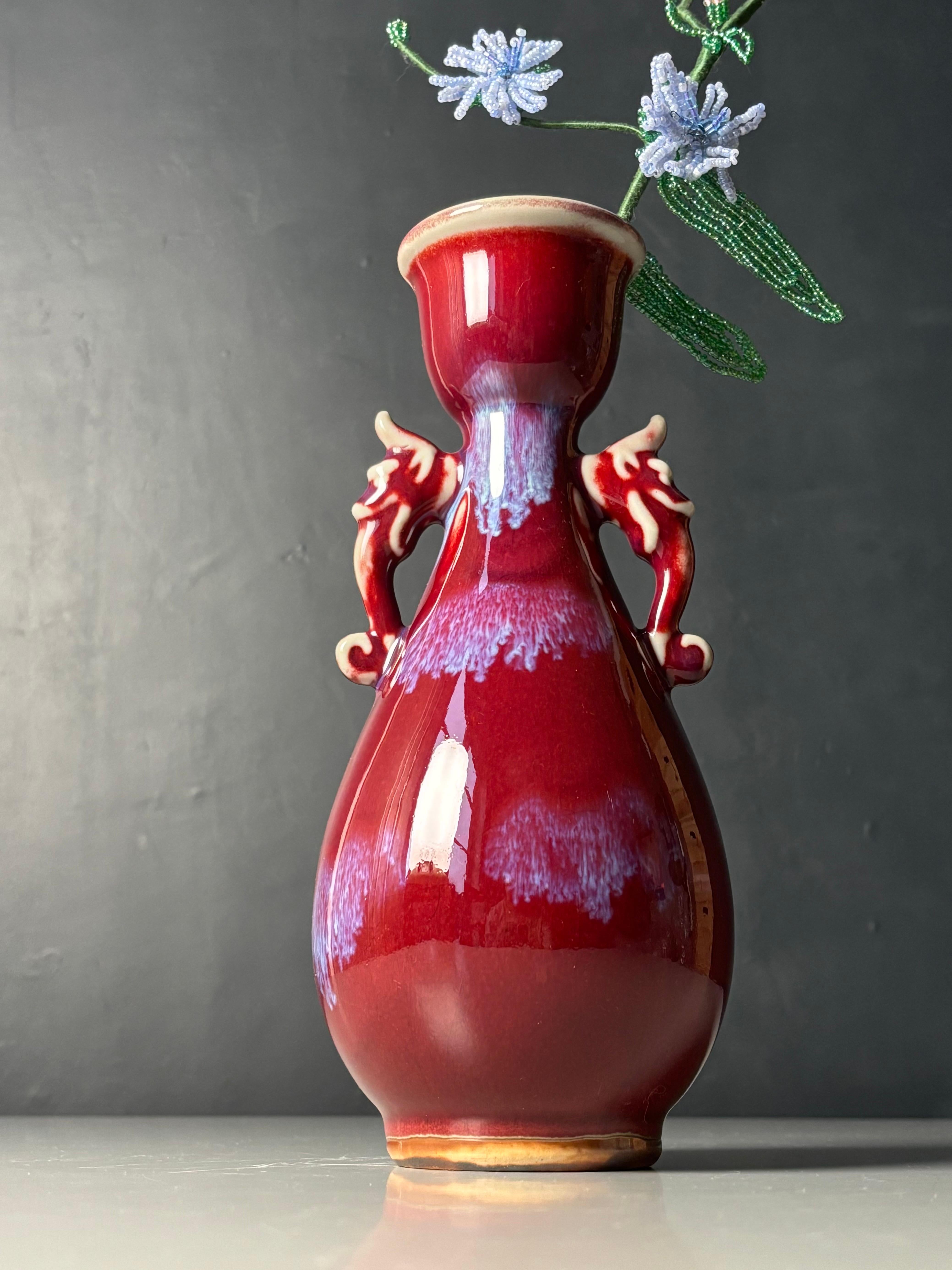 Chinese Asian Art Deco Maroon, Lilac, Cream Dragon Vase For Sale