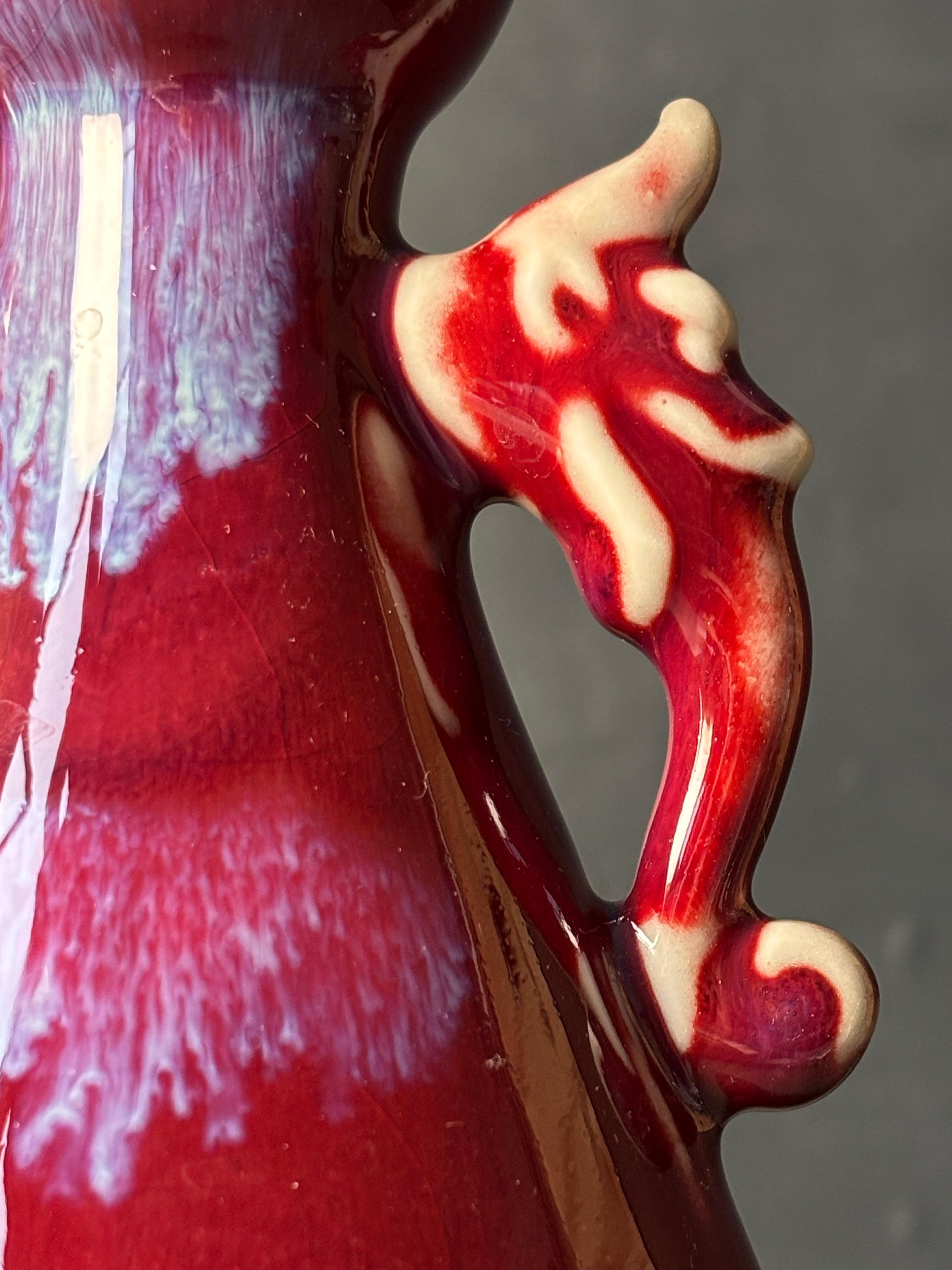 Ceramic Asian Art Deco Maroon, Lilac, Cream Dragon Vase For Sale