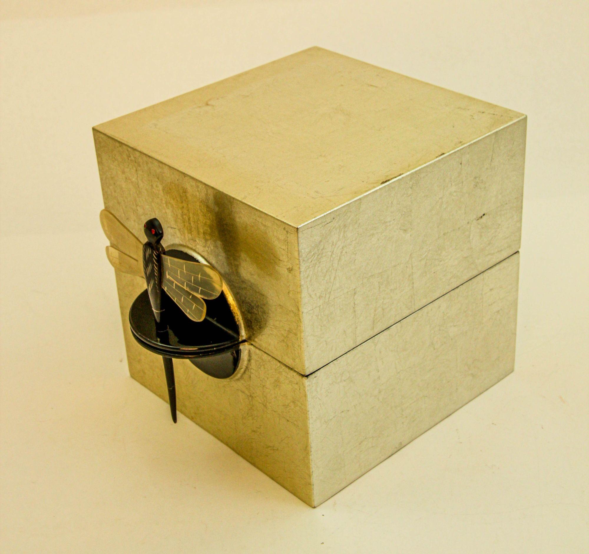 Asian Art Deco Style Silver and Black Lacquered Jewelry Box 1980s 3
