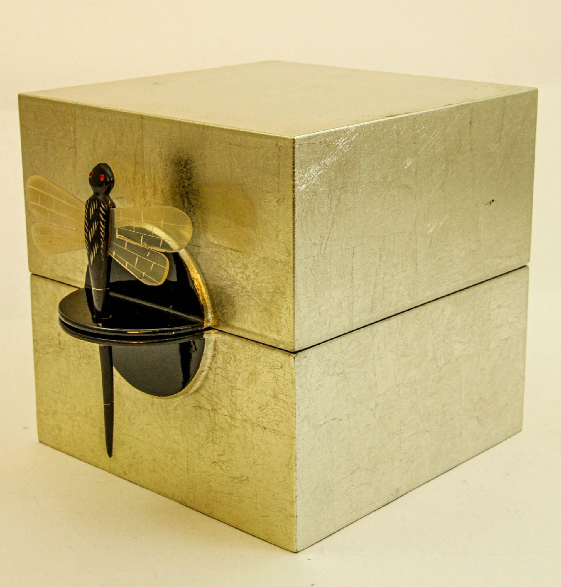 Japonisme Asian Art Deco Style Silver and Black Lacquered Jewelry Box 1980s