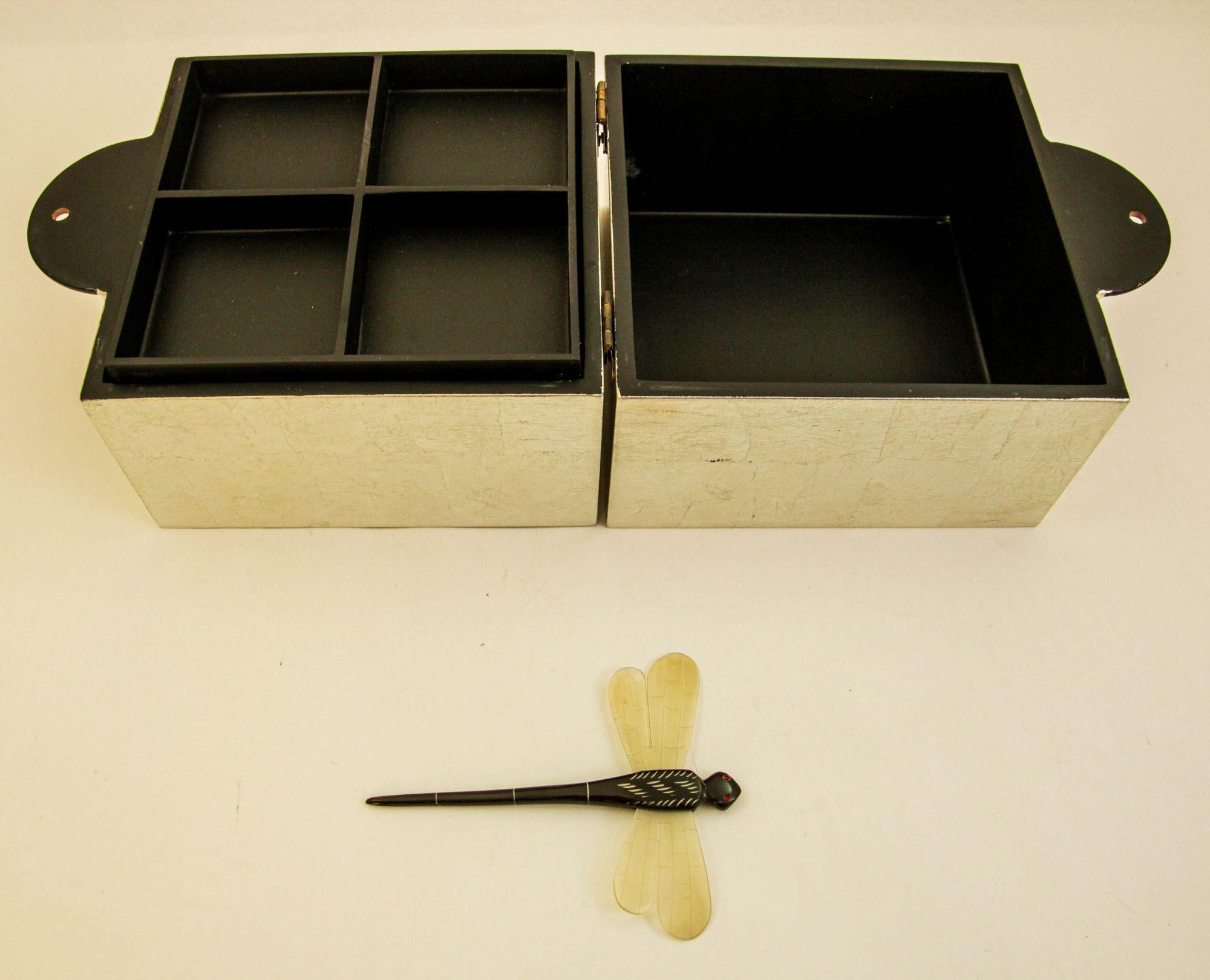 Wood Asian Art Deco Style Silver and Black Lacquered Jewelry Box 1980s